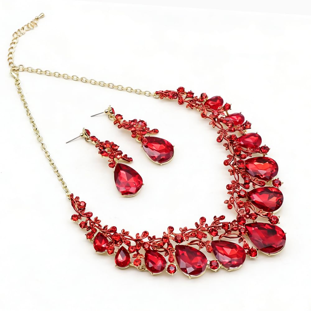 Qlavoca Vintage Crystal Teardrop Necklace Earrings Set - Gothic Statement Jewelry for Wedding Bridal Prom Party(Red-Gold Tone)