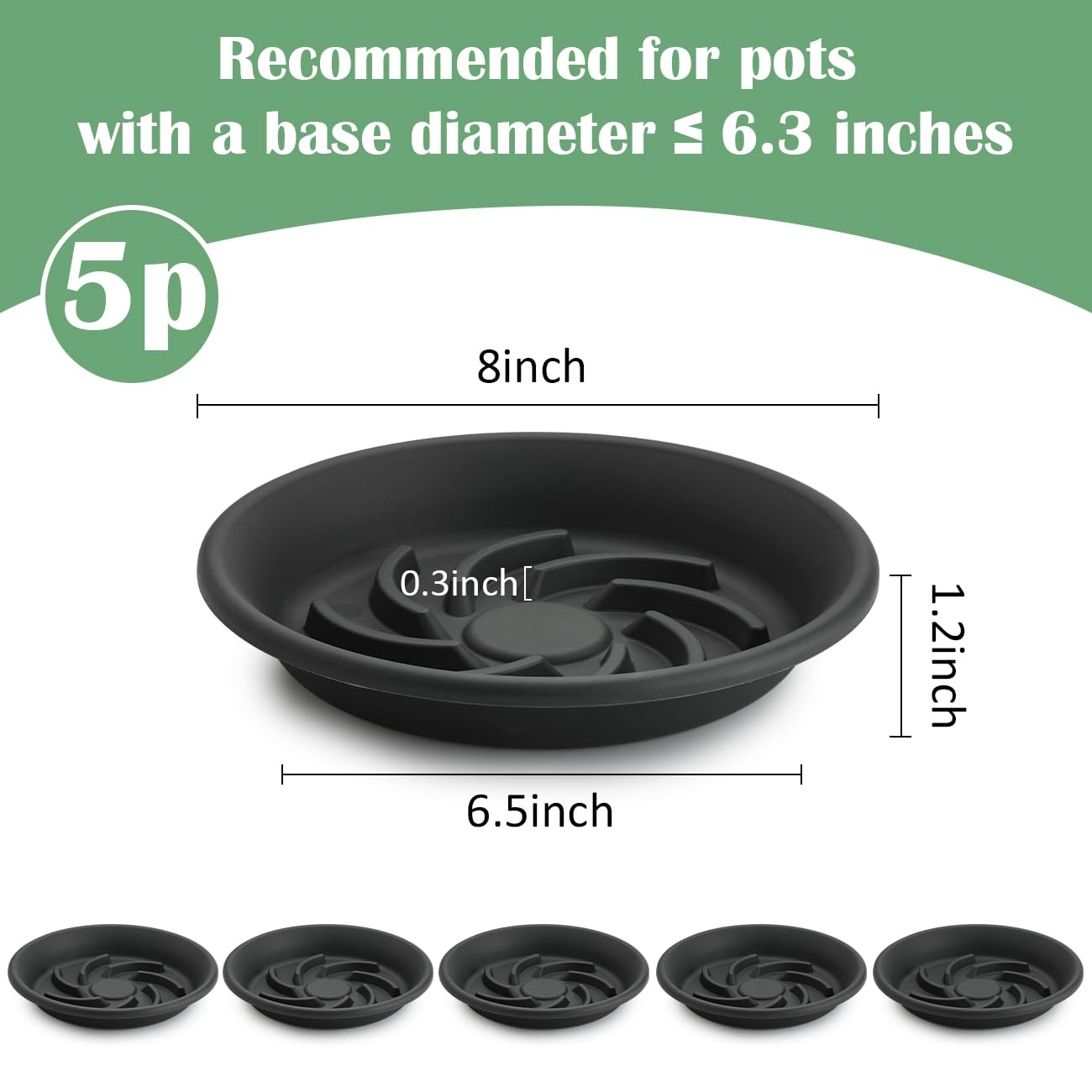 BTPLASTIK Plant Saucer 8 inch 5 Pack, Pot Elevators for Inside Plants, Heavy Duty Flower Planter Drip Trays for Pots, Grow Bags Saucers Gray