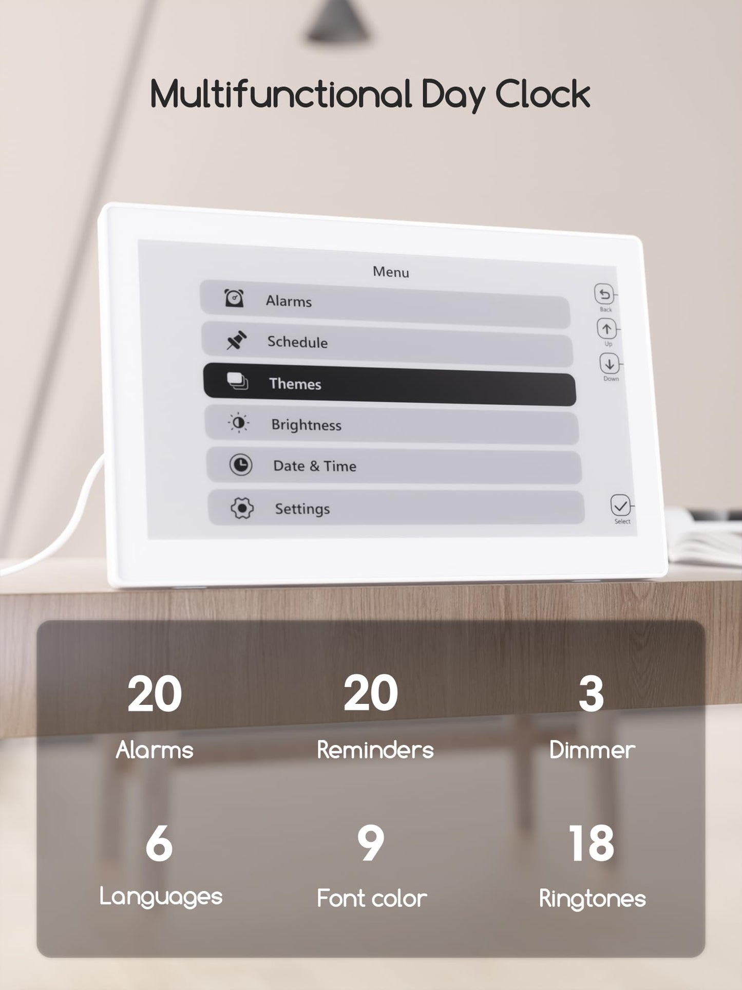 Raynic Digital Clock,10.1 Inch Large Display Calendar Clock with 12 Themes, 20 Alarms, 20 Reminders, Auto Dimming, 12/24 Hours for Seniors, Desk (White)