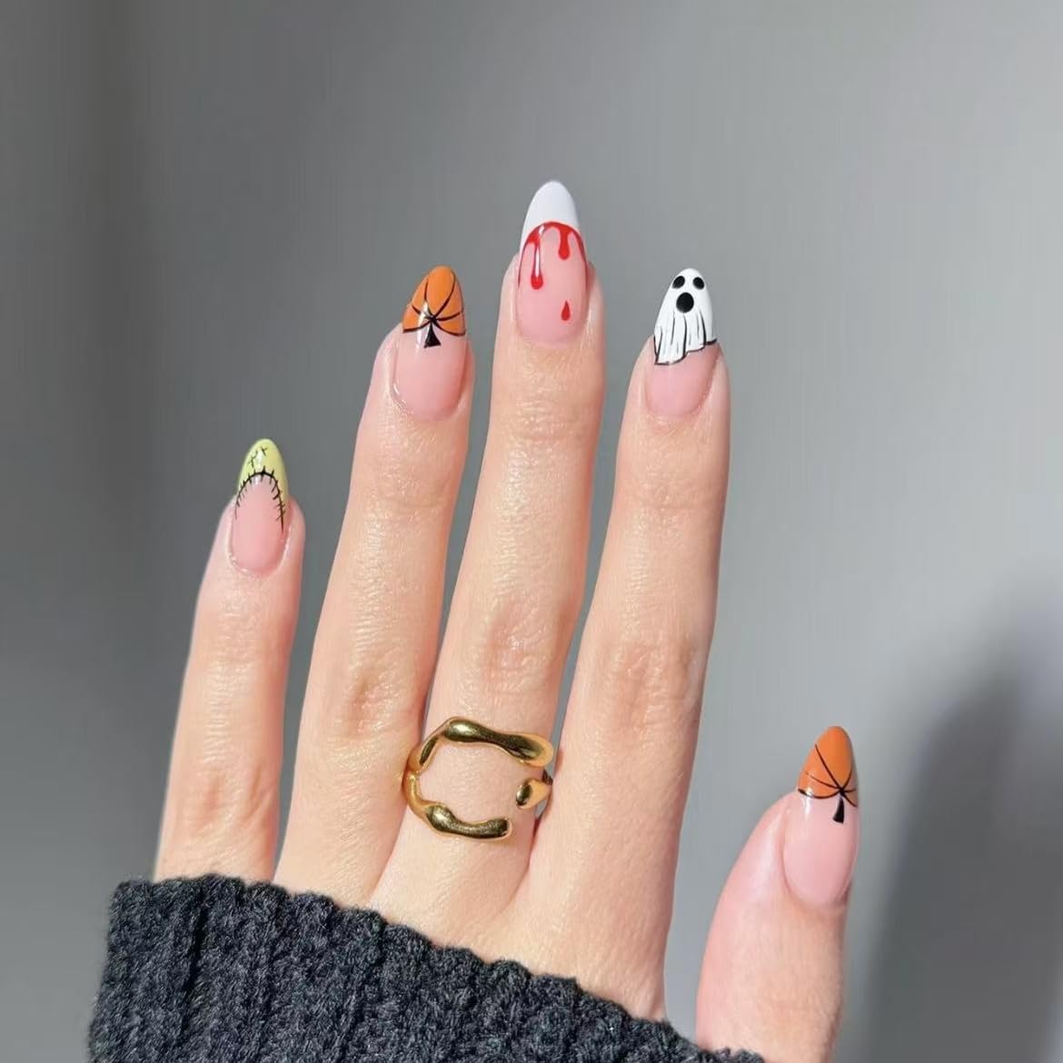 10pcs Halloween Press on Nails Short Fake Nails with Ghost Pumpkin Design Almond Nails Glitter False Nails Halloween Full Cover Cute Stick on Nail for Woman Tool Kit Nail (MT-150-S)