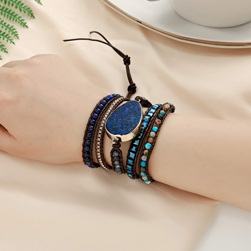 Plumiss Boho Bracelets Handmade Lapis Lazuli Stone Beaded Leather 5 Wrap Bracelet for Women Men Gift
