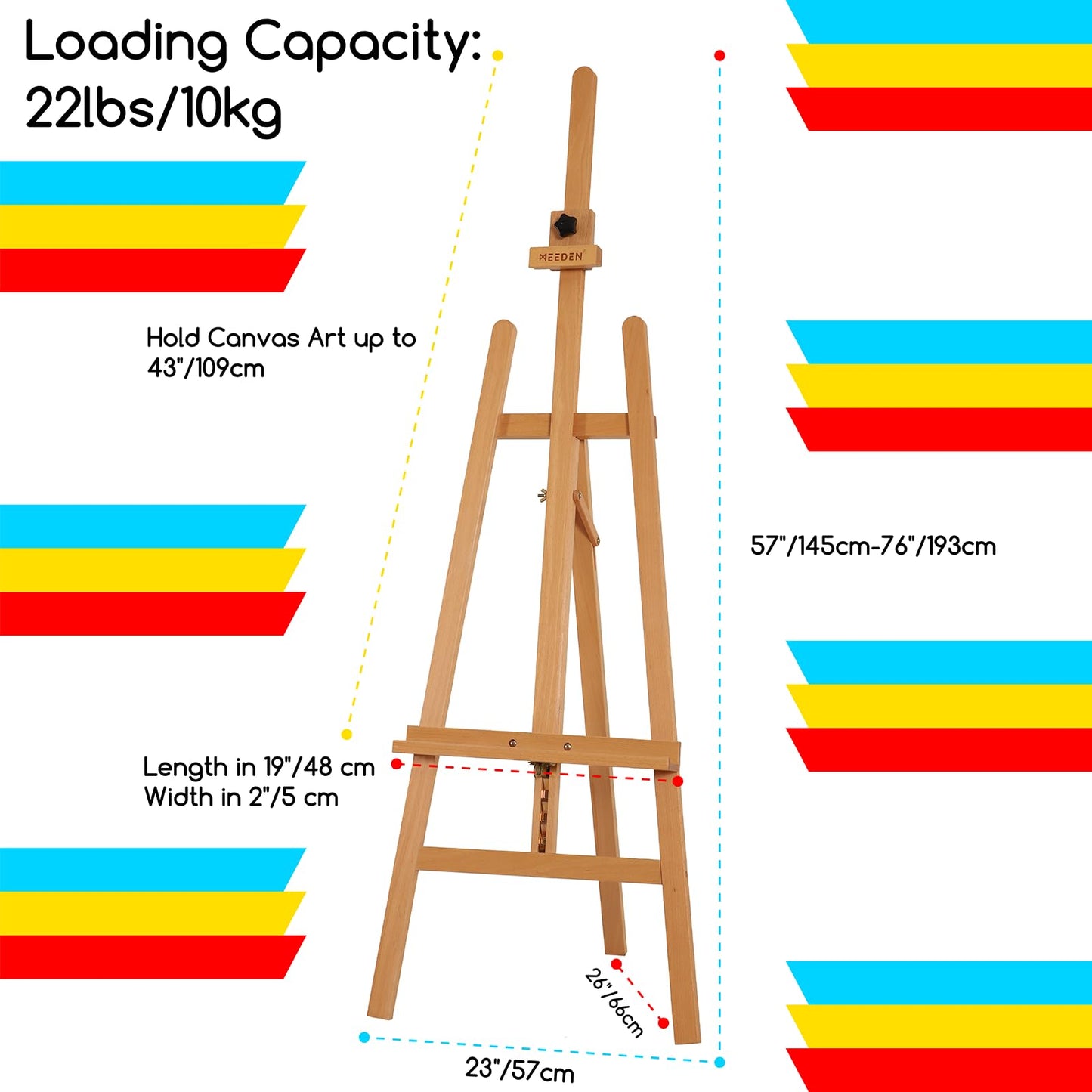 MEEDEN Painting Wooden Art Easel: Solid Beechwood Display Easel Stand Hold Canvas up to 43'' - Adjustable Easel from 57''-76" for Adults Student Studio Gallery - Natural