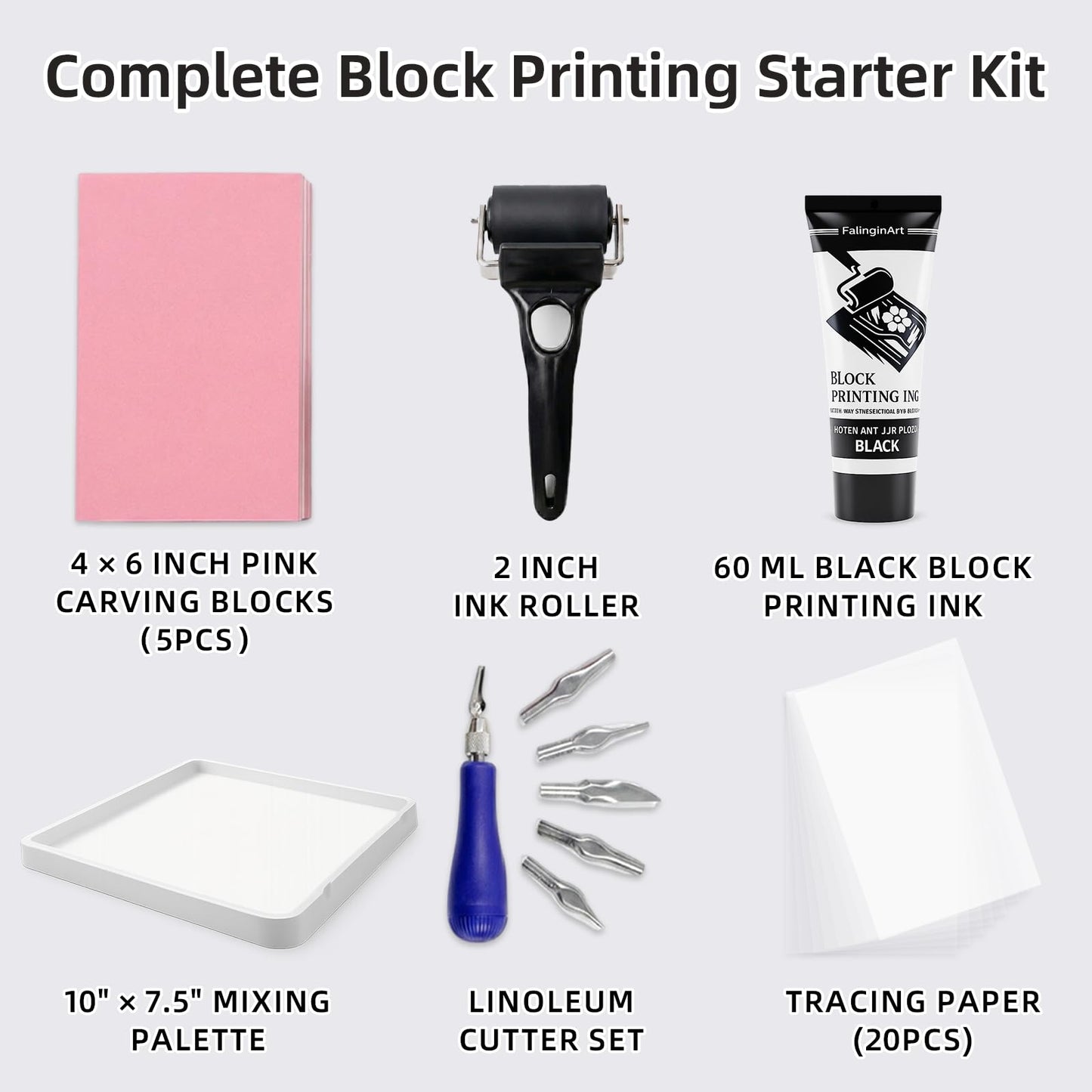 Falling in Art Linocut Kit for Printmaking, Rubber Block Stamp Printing Kit with Linoleum Blocks, Ink Paint and Brayer, DIY Carving Gift for Beginners and Artists