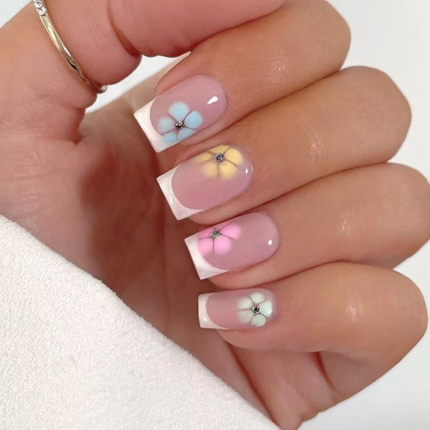 Short Square Press on Nails Light Pink Gradient Base White Edge Trims Colorful Small Flower Pink Green Drill Surface Fresh Sweet Manicure Artificial Nails Suitable for Chic Shiny 24 Pcs
