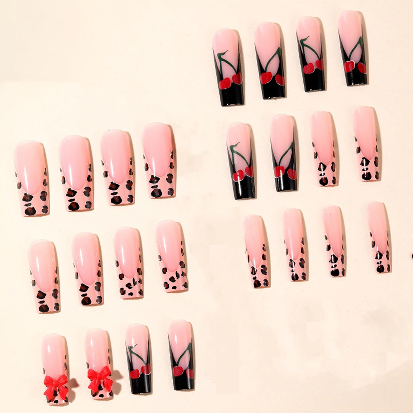 IMRAIN Long Press on Nails Square Fake Nails Black French False Tip with Bow & Cherry Design Leopard Print Glossy Artificial Acrylic Nails for Women Manicure 24Pcs