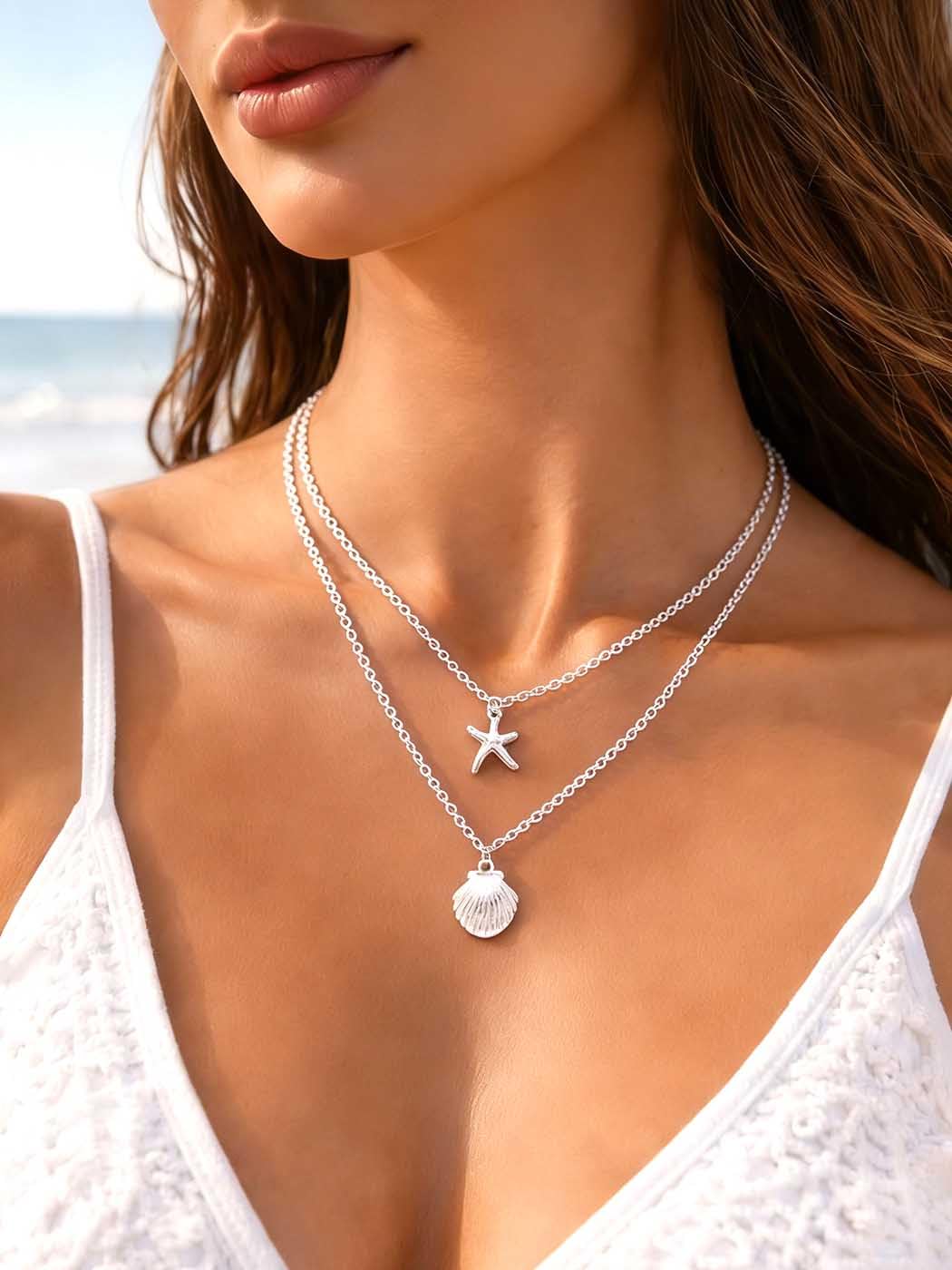 Yalice Starfish Layered Necklace Chain Boho Shell Pendant Necklaces Beach Surfer Costume Jewelry for Women (Silver)