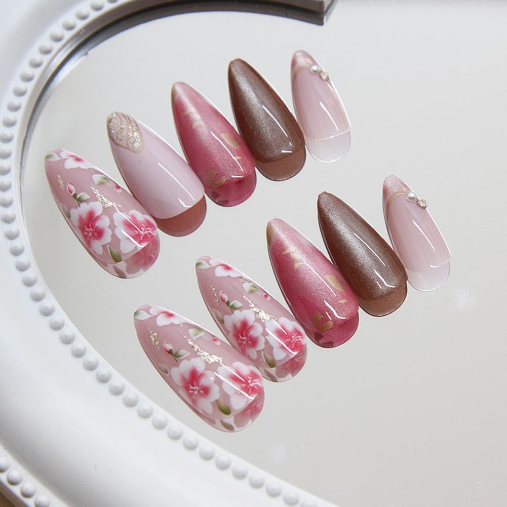 24Pcs Medium Almond Press on Nails Reusable Pink Acrylic False Nails Full Cover Glossy With Flowers Designs And Pearl Design Fake Fingernails Tips Almond Shape Artificial Fale Nail Kit Women Girls