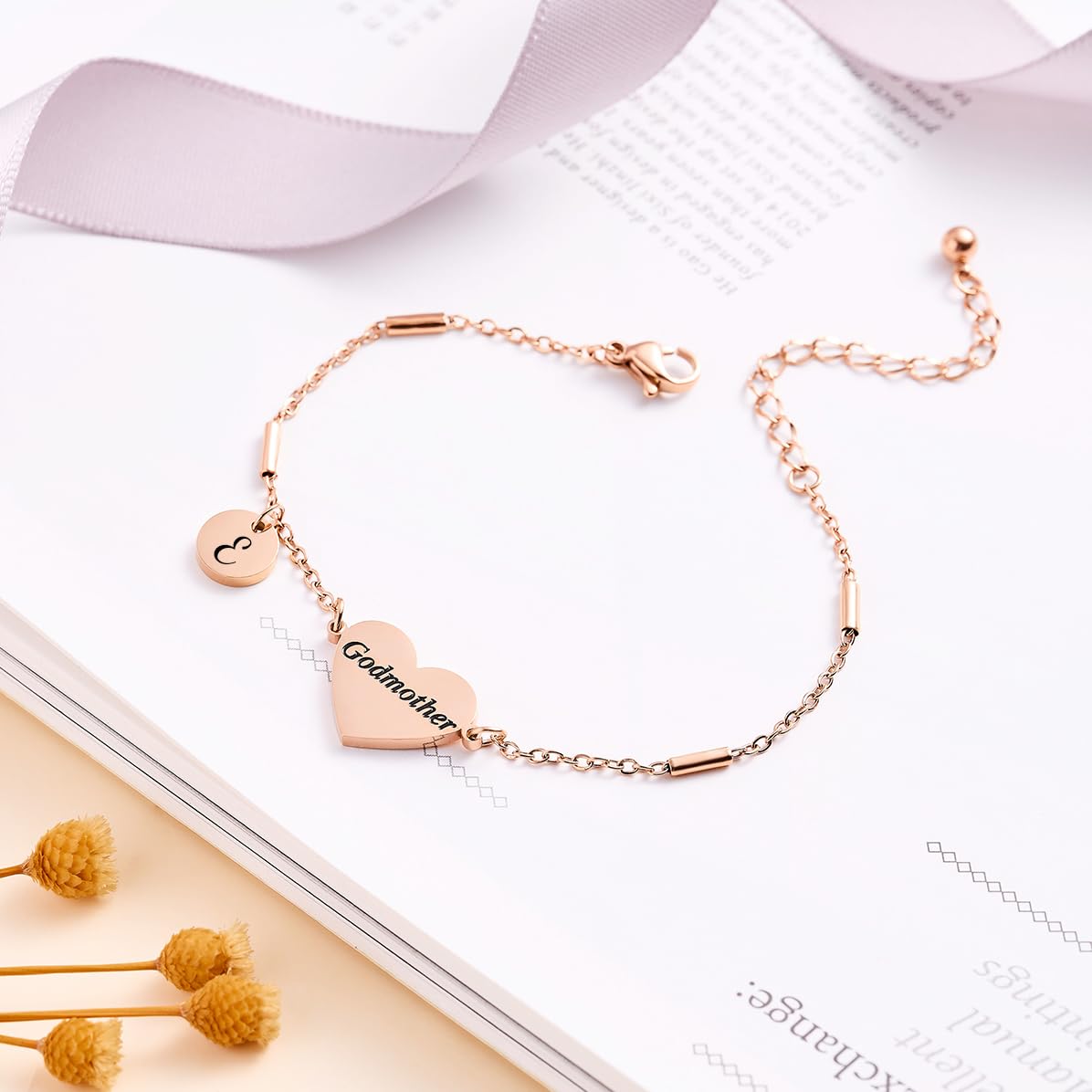 CHENVA Godmother Gifts Initial Bracelet Bangle for Women Gift for Godmother from Goddaughter (Godmother Bracelet-E-Rose Gold)