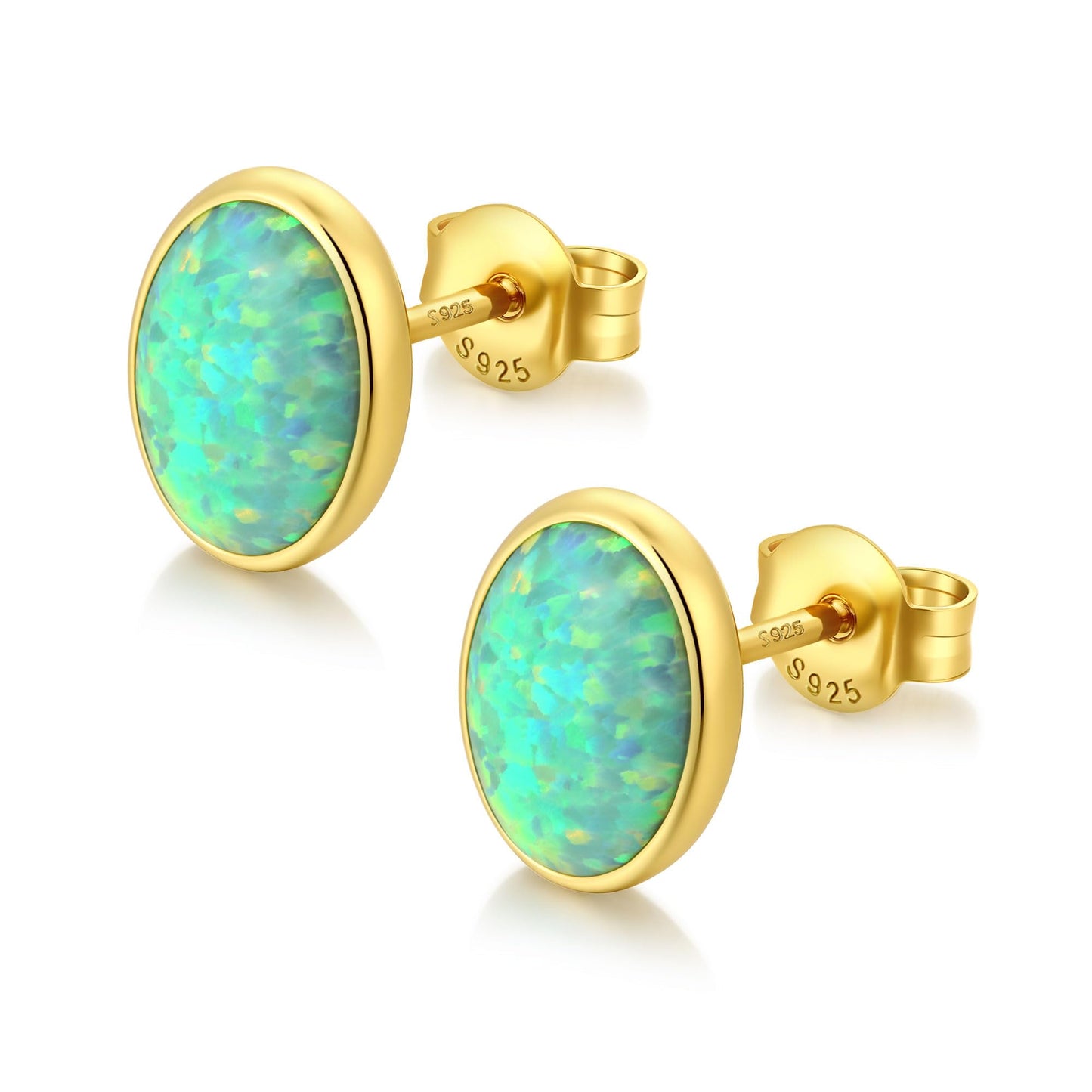 JiayangJY Silver Green Fire Opal Stud Earrings for Women 18K Yellow Gold Plated Sterling Silver Oval Shape 7mm Opal Earrings with Push Back