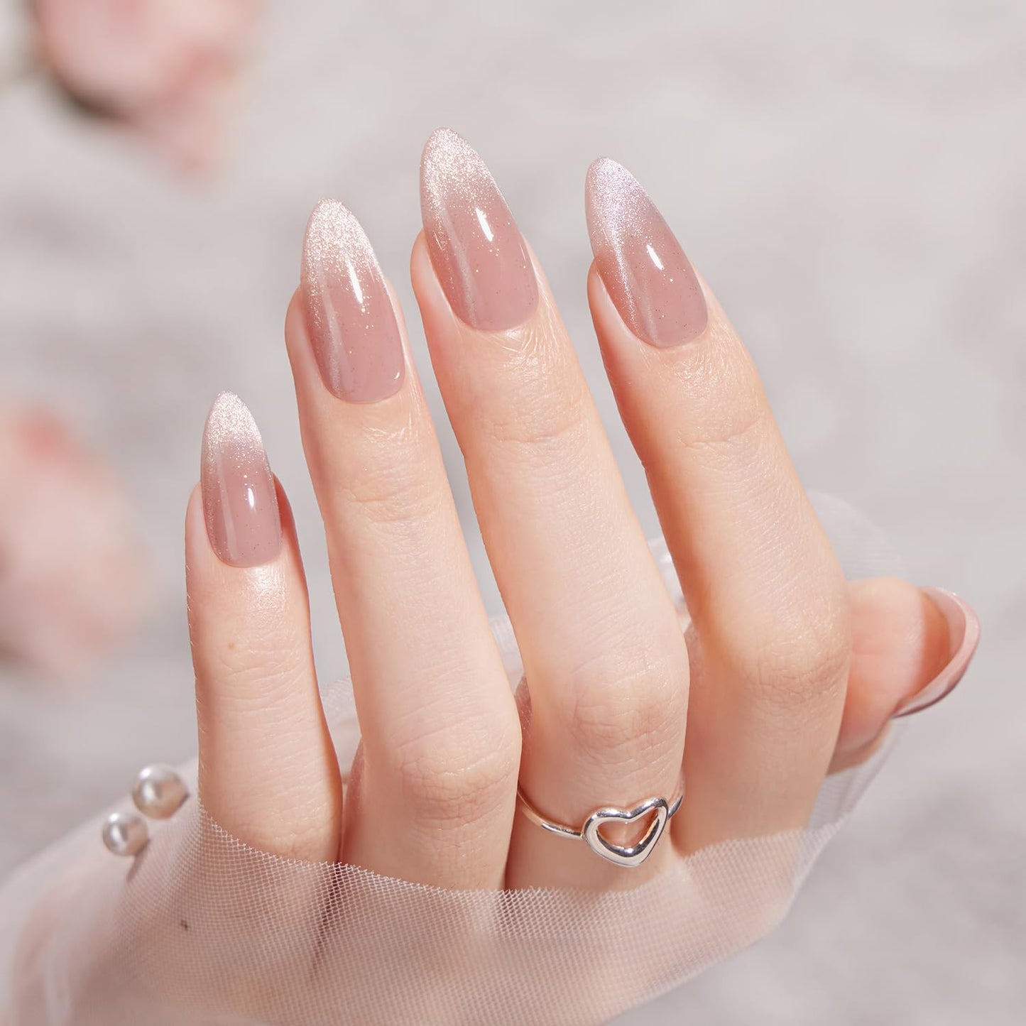 VSALON Press On Nails Almond Medium, Cat Eye French Tip Nude Pink Sparkly Fake Nails With UV Glue Reusable Semi-transparent Spring Wedding Stick On Nails 32 Pcs 16 Sizes