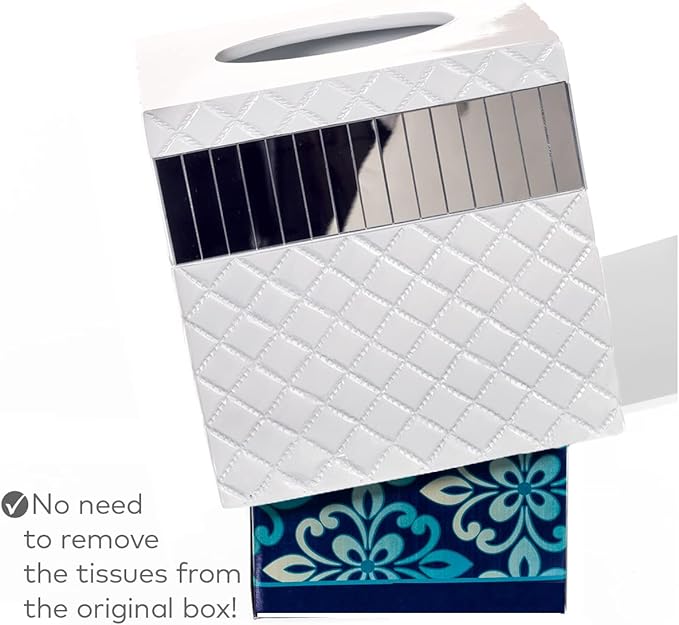 Creative Scents Quilted Mirror White Tissue Box Cover Square - Decorative Bathroom Tissue Box Holder - Modern Mirrored Tissues Cube Box Cover with Durable Bottom Slider