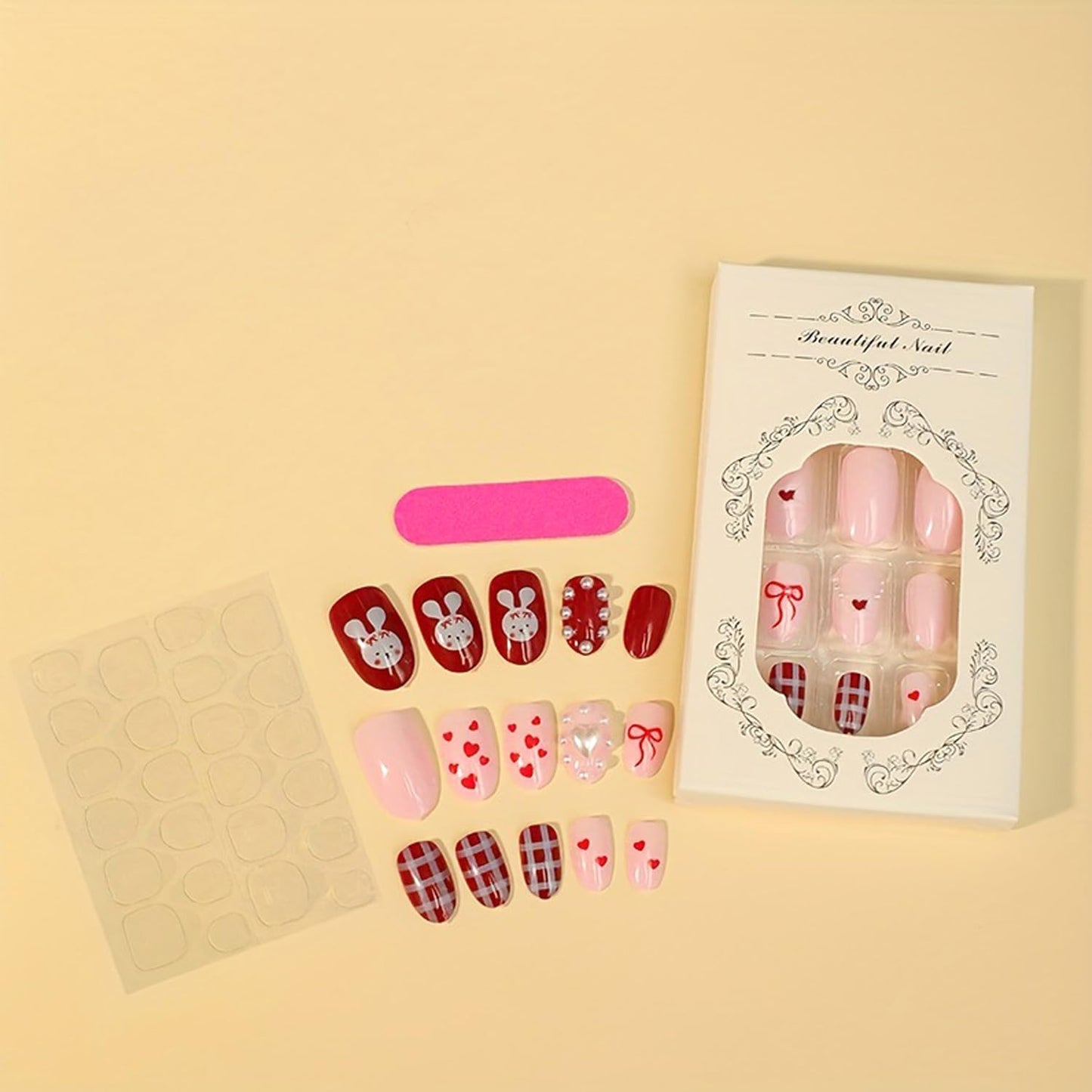 24Pcs Cute Valentines Press on Nails Short Oval Fake Nails with 3D Heart Pearls Designs Red Bow Love False Nails Red Glossy Full Cover Cute Rabbit Envelope Gel Artificial Stick on Nails for Women
