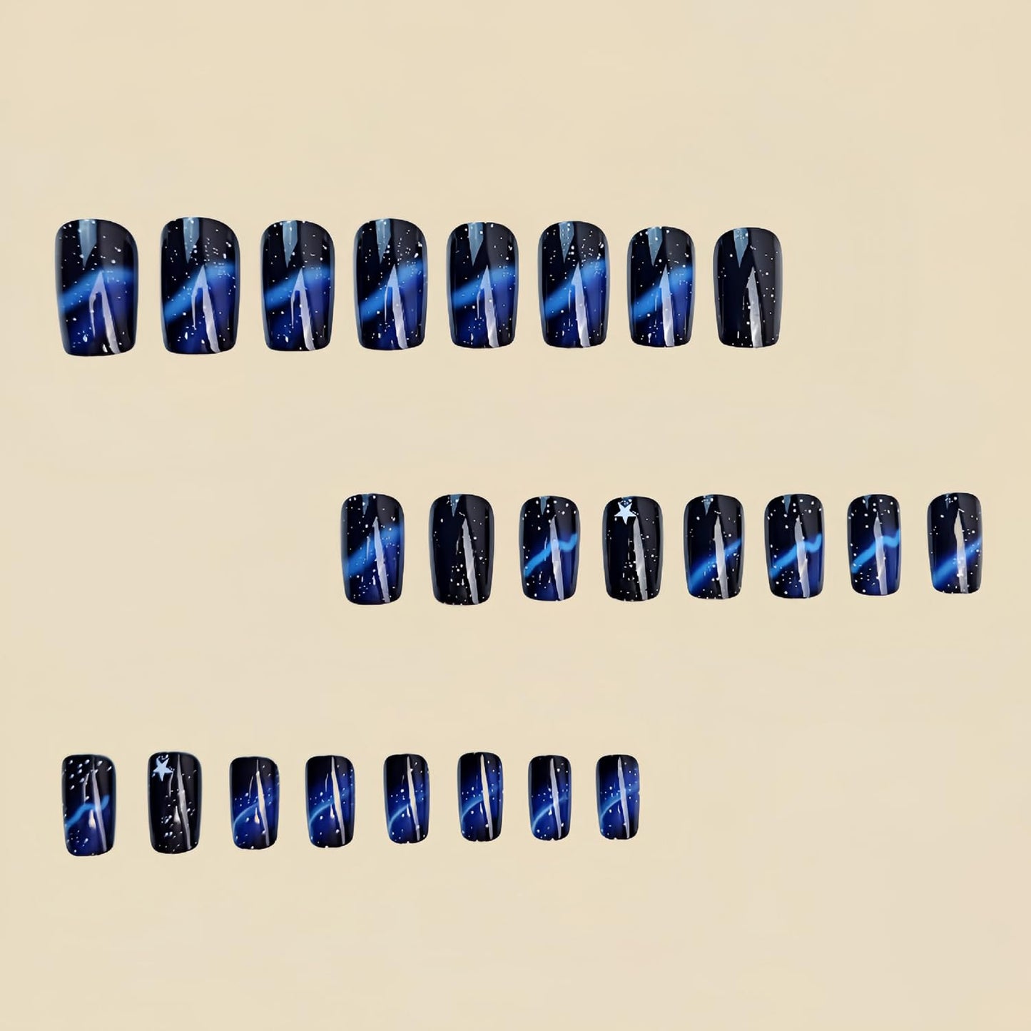Stars False Nails Press on Nails Medium Blue Starry Sky Smudge Pattern Design Square Fake Nails Full Cover Acrylic Nails Press Nails with Charm Artificial Stick on Nails Glossy Acrylic Nails for Women