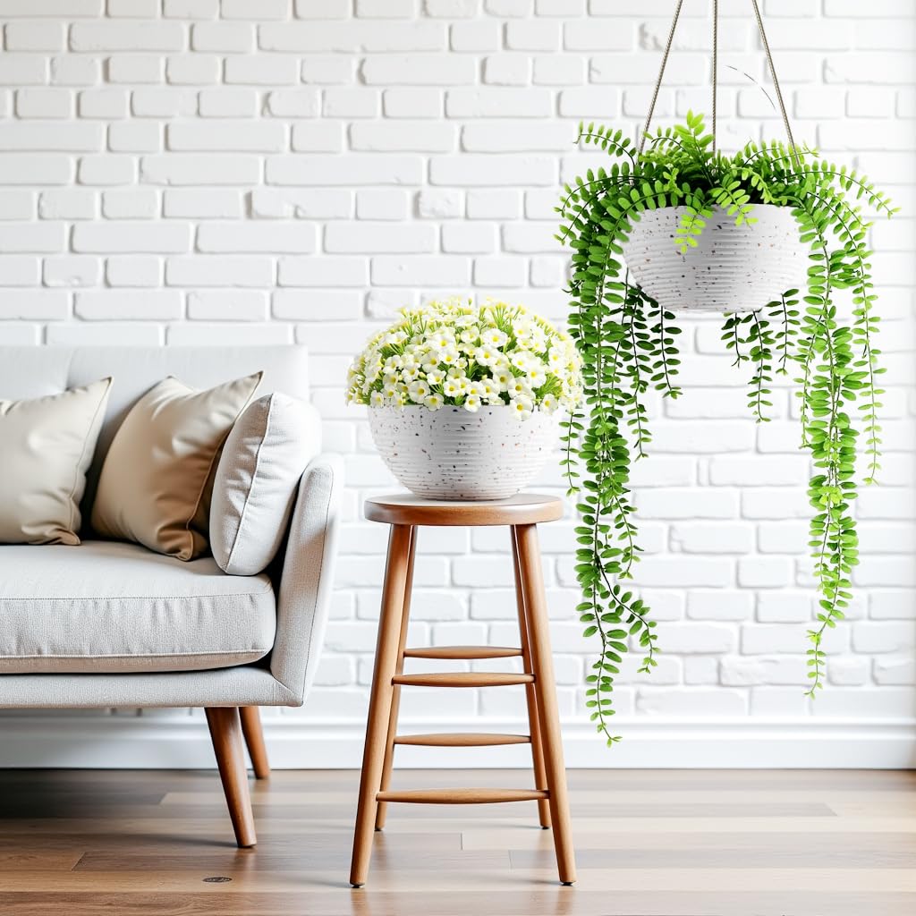 Asnext Line Pattern 10 Inch Hanging Planter for Indoor Outdoor Plants, 2 Pack Round Hanging Pots for Plants (Speckled White)