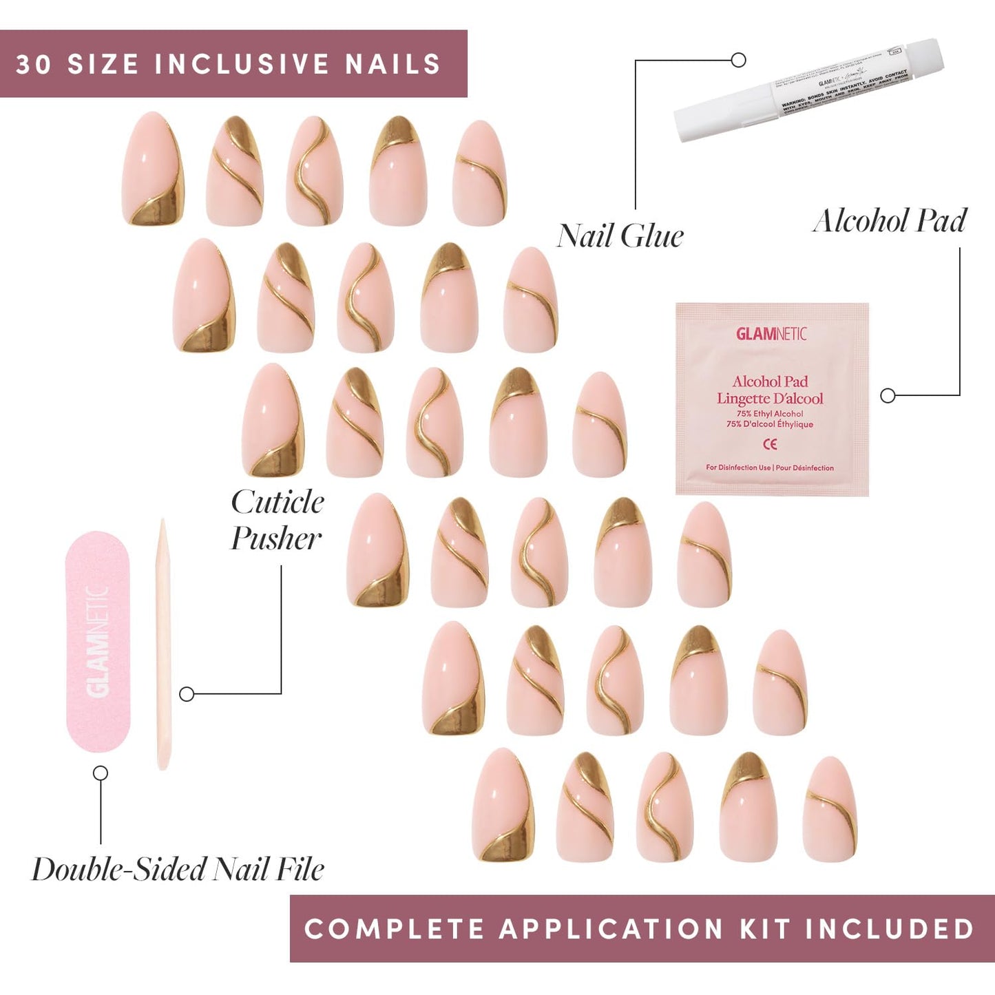 Glamnetic x GLAMZILLA Press On Nails - I AM A RICH MAN? | Short Almond Nude Fake Nails with Gold Foil, Salon Quality | 15 Sizes - 30 Nail Kit with Glue