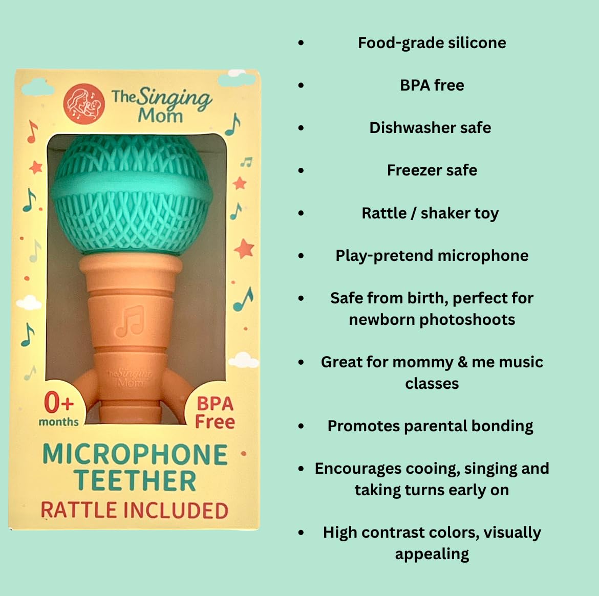 Microphone-Shaped Silicone Baby Teether - BPA Free, with Rattle, Musical/Singing Toy, Dishwasher & Freezer Safe, Easy-to-Grip Teething Shaker Toy for Newborns, Infants, Toddlers. (Teal Peach)