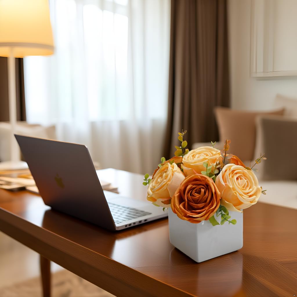 LADADA Artificial Roses in White Ceramic Vase, Faux Silk Flowers with Eucalyptus, Fake Floral Centerpiece for Home Wedding Party Table Decor