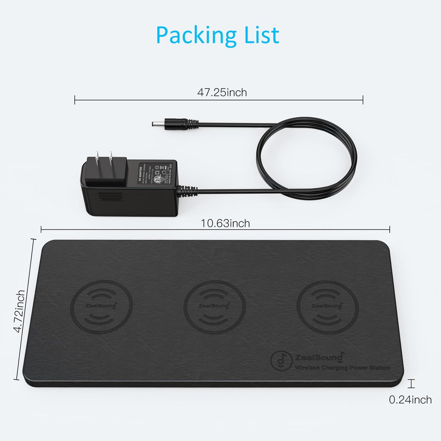ZealSound Wireless Charging Pad, 3 in 1 Charger Mat for iPhone, Samsung Galaxy, Pixel, AirPods & Galaxy Buds, 24W Adapter Included, Ultra Slim, Case Friendly, PU Leather, for Home Office & Travel