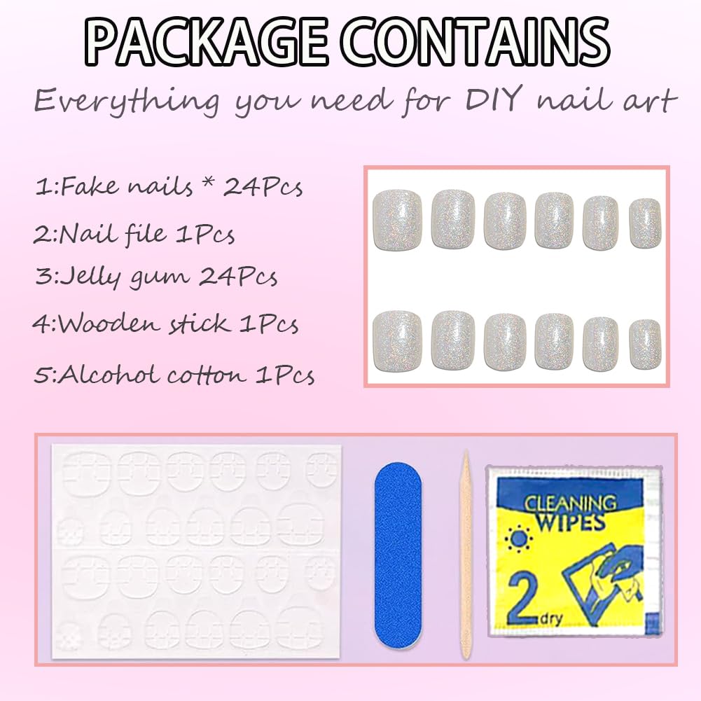 Hrnsnails Glitter Press On Nails Short Square Fake Nails with Silver Glitte Nail Press Ons Design, Artificial False Nails Press On Nail Kit Sparkly Stick On Nails for Women