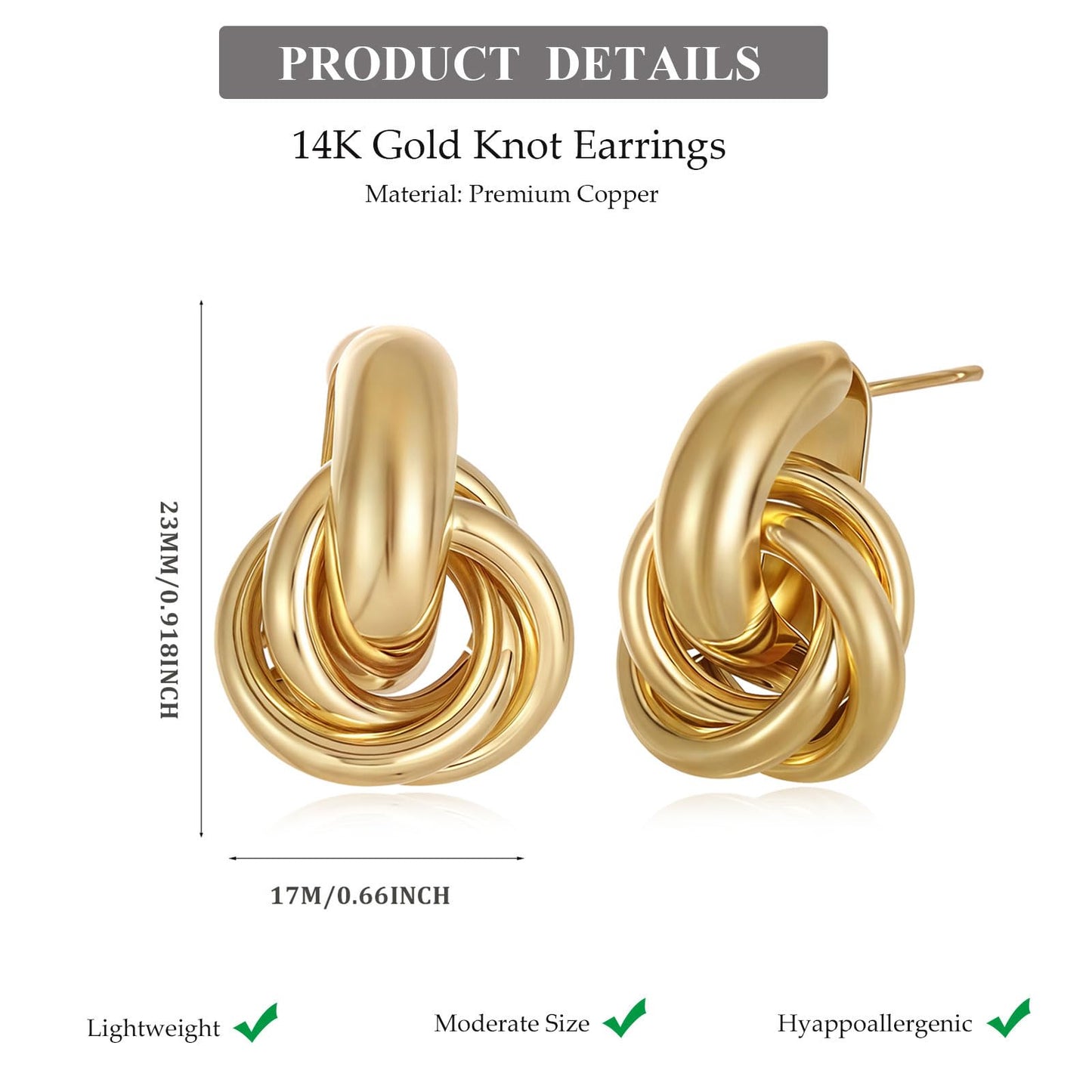 14K Gold Earrings for Women Knot Earring Studs Chunky Twisted Link Drop Statement Jewelry