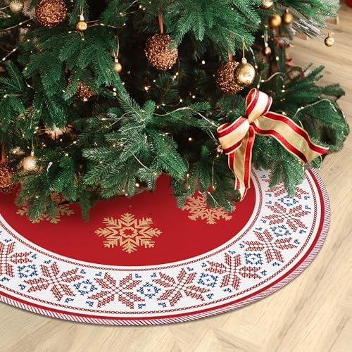 Red Christmas Tree Skirt 36 Inch, Red Christmas Decorations, Winter Xmas Snowflake Reindeer Tree Skirt for Home Xmas Party Winter Holiday Decor