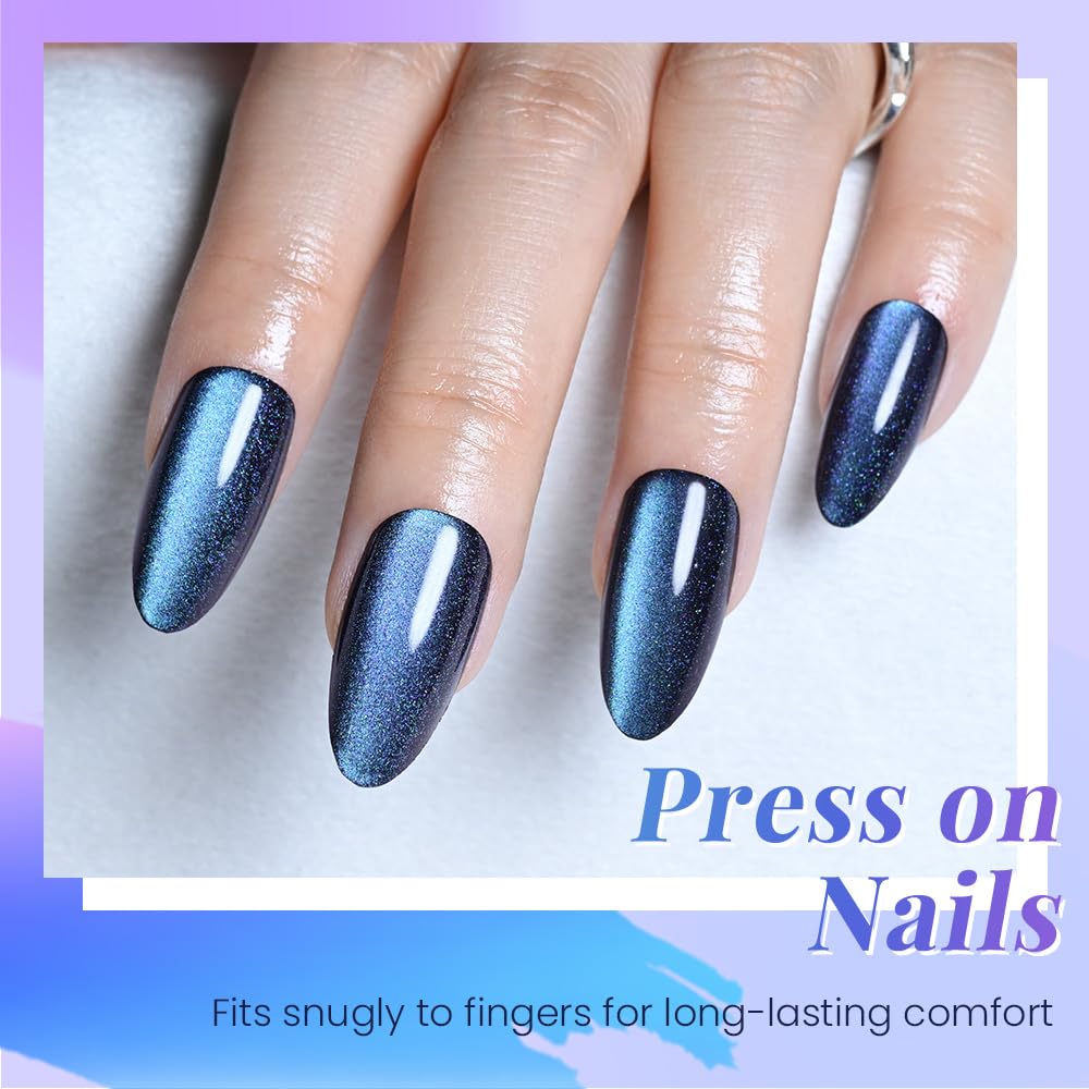 evpct Chameleon Teal Cat Eye Chrome Press on Nails Almond Medium No Glue, Holographic Medium Almond Stick on Fake Nail for Women, Glossy Cat Eye Effect, Perfectly Fit Salon-quality Soft False Nail