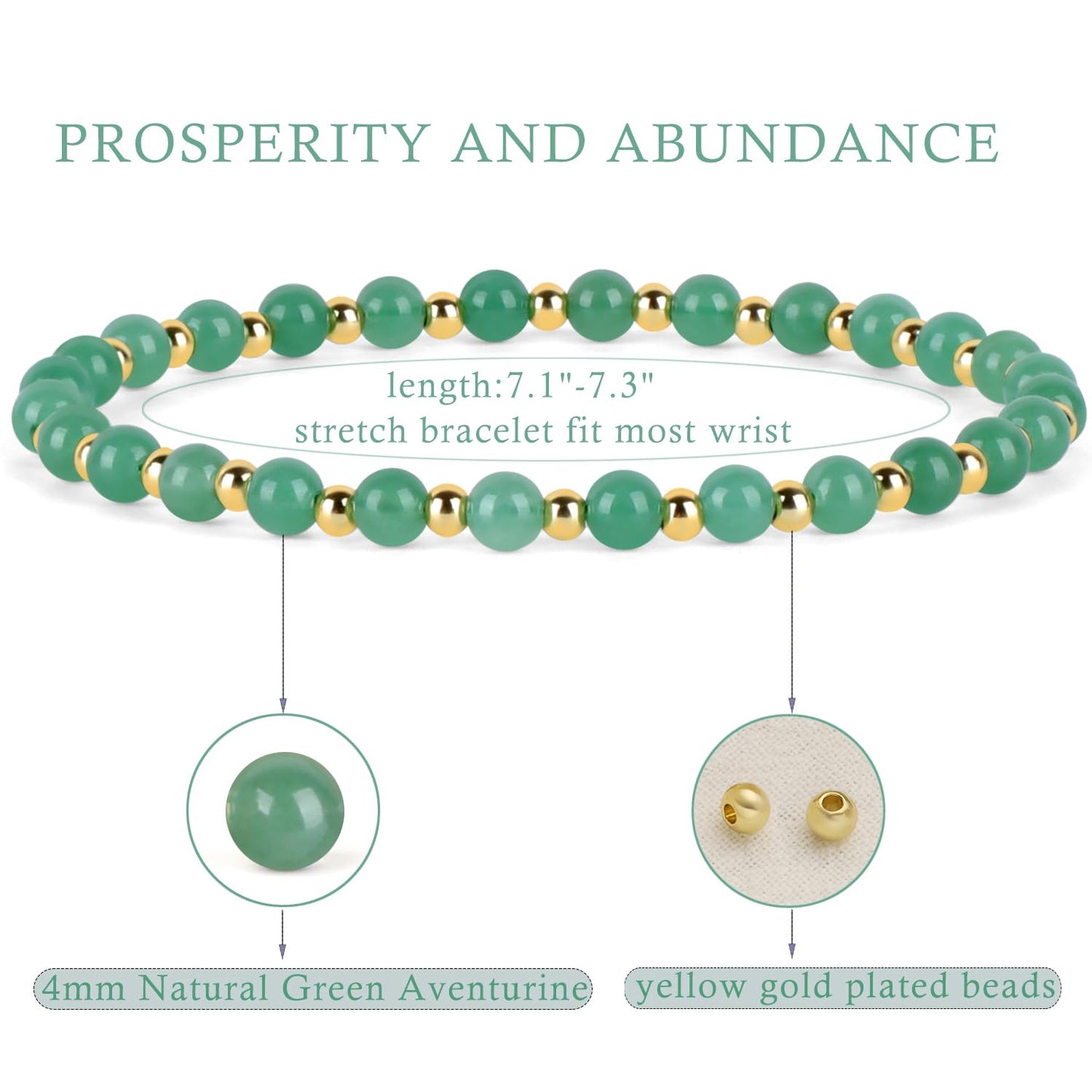 QOGIR Green Aventurine - Prosperity - 14K Gold Plated Beads Natural Gemstone Stretch Elastic Dainty Healing Beaded Bracelets Gifts 4mm