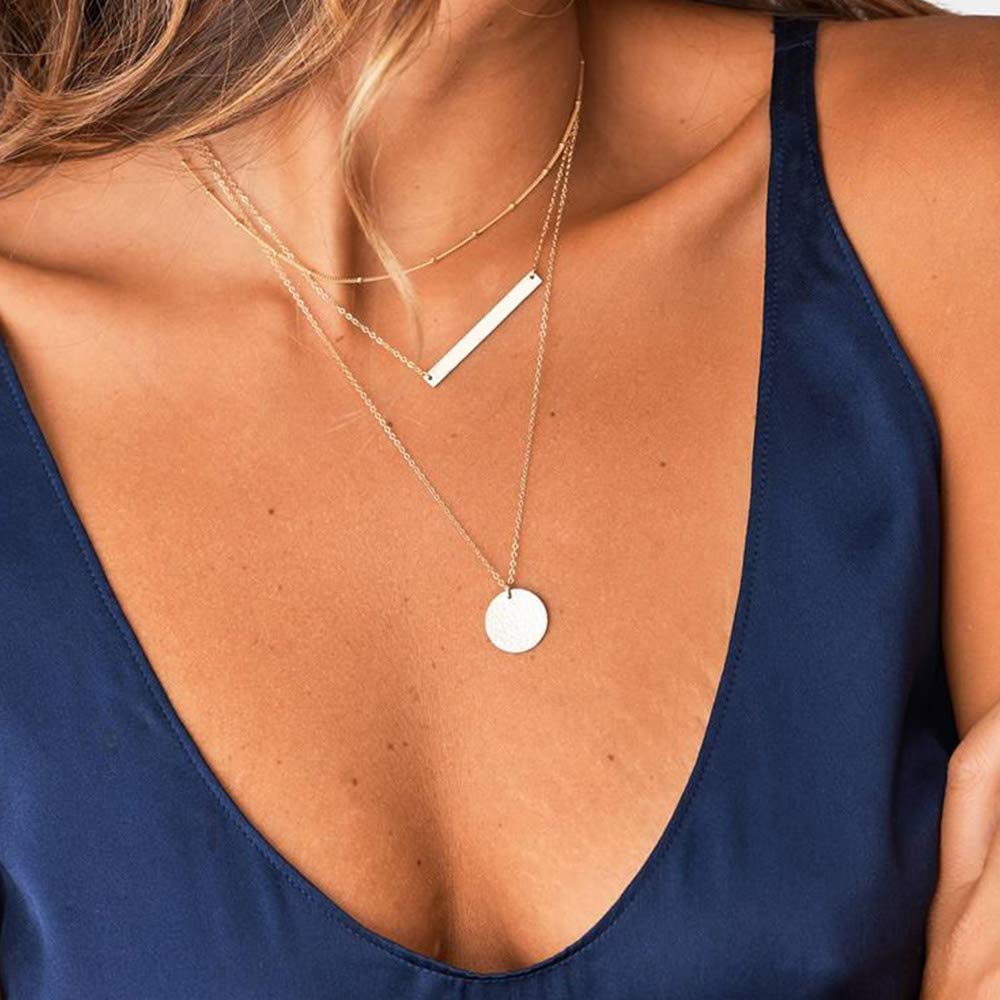 Turandoss Delicate Layering Choker Bar Necklace Hammered Disc Necklace Womens Layering Necklaces for Women