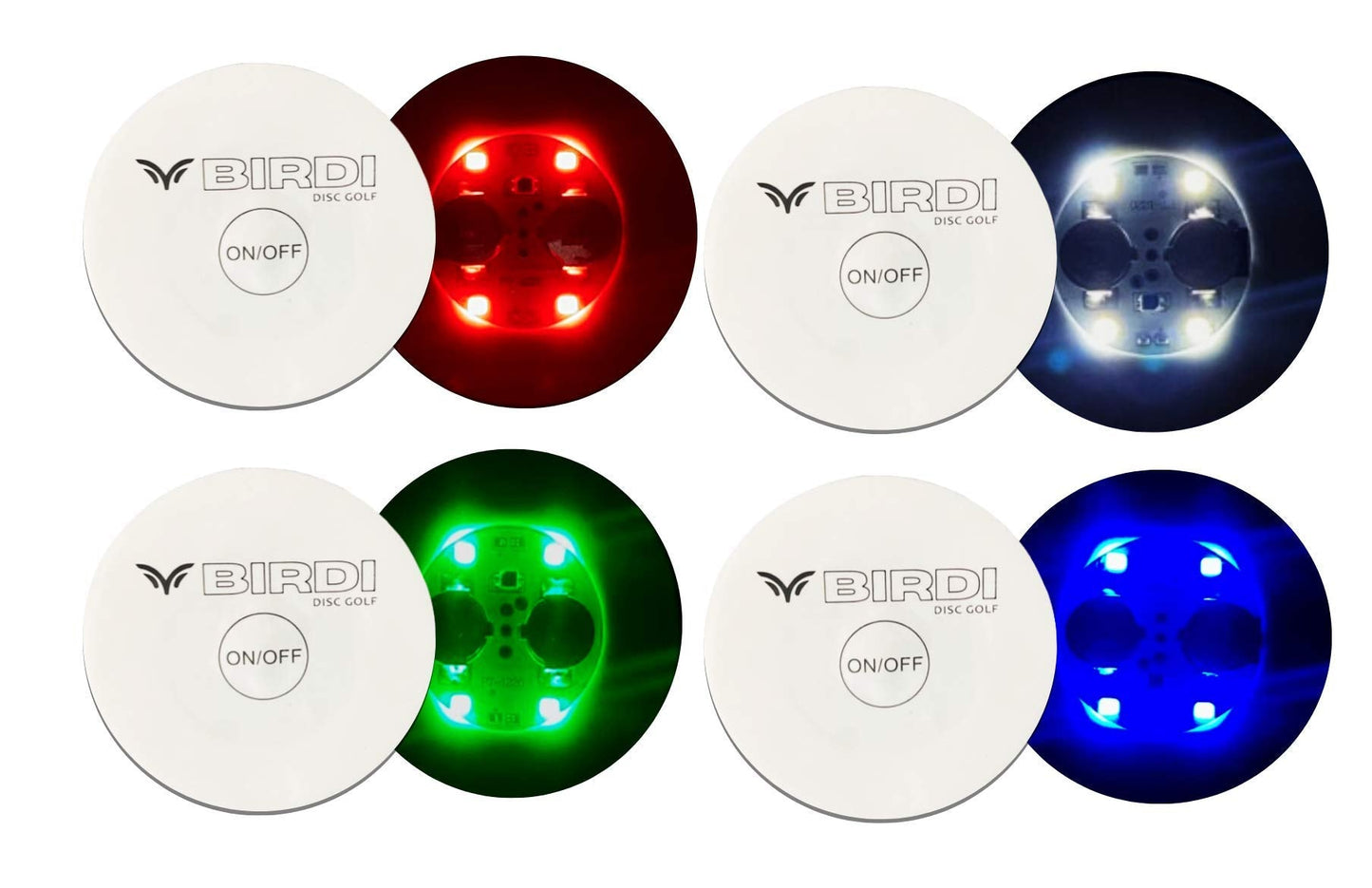 Birdi Disc Golf - Disc Golf Lights - LED - Flat Circular Quad-Lite LED Disc Golf Lights-Very Bright- Glow Disc Golf - Night Disc Golf - 8 Pack (Multi)