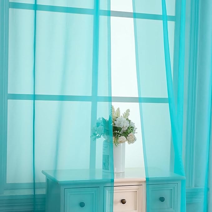 Aiyufeng Turquoise Sheer Curtains 90 Inches Long 2 Panels Set, Light Filtering Soft Airy Voile Rod Pocket Turquoise Sheer Window Drapes for Bedroom Living Room, Each 42Wx90L Inches
