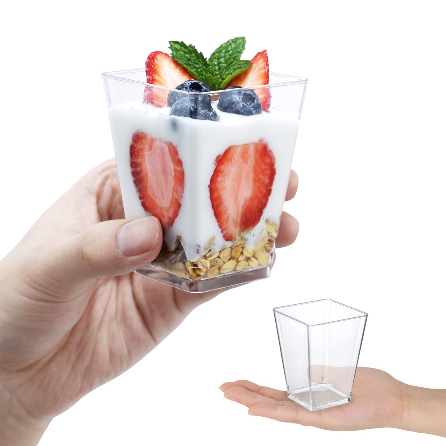 SHOPDAY 5 oz Plastic Dessert Cups 50 Pack Small Clear Square Parfait Cups with Spoons, Mini Plastic Tumbler Serving Cups for Tasting Party Appetizers Mousse Yogurt