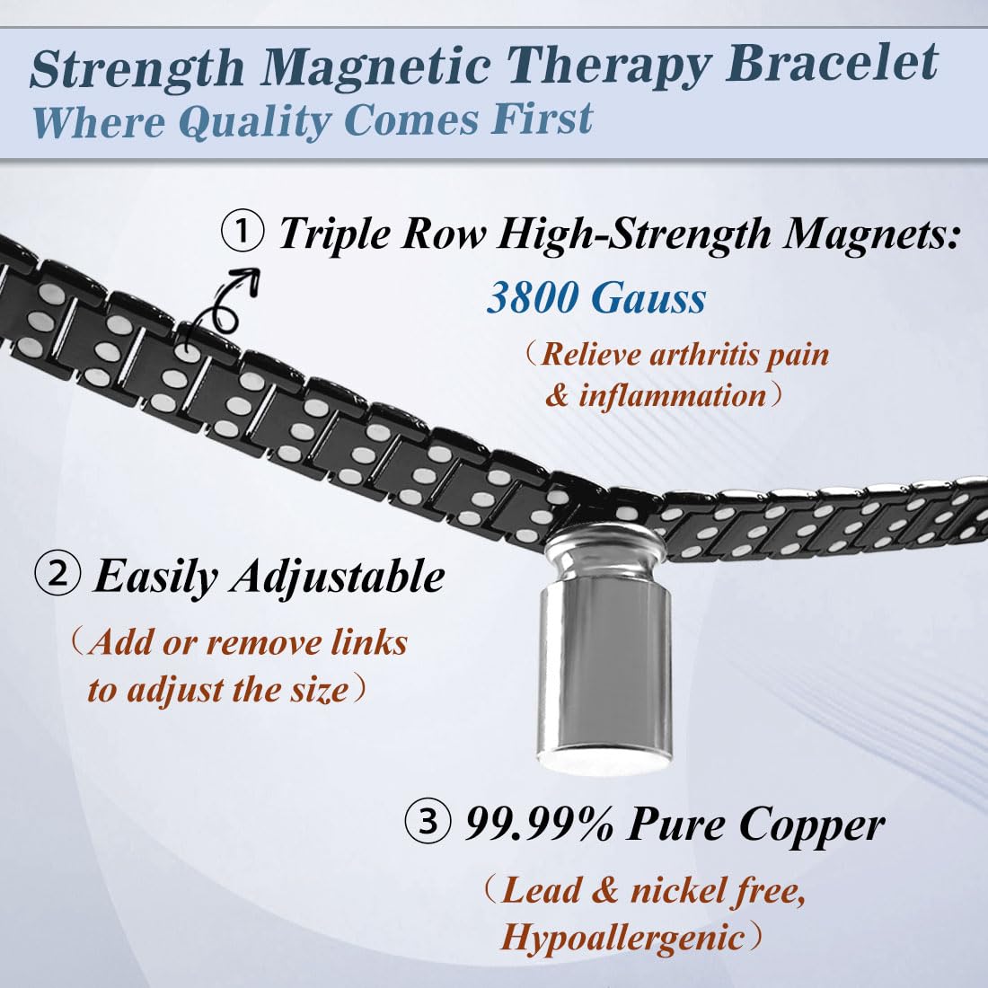 Cigmag Copper Bracelet for Men, Triple Row Magnetic Bracelet with Strength 3800 Gauss Magnets, Adjustable with Sizing Tool (Black)