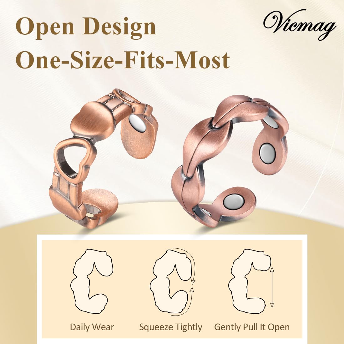 Vicmag 2PCS Magnetic Copper Rings for Women & Men,99.99% Pure Copper Ring with 9X Magnets Gift Adjustable(Leaf & Love)