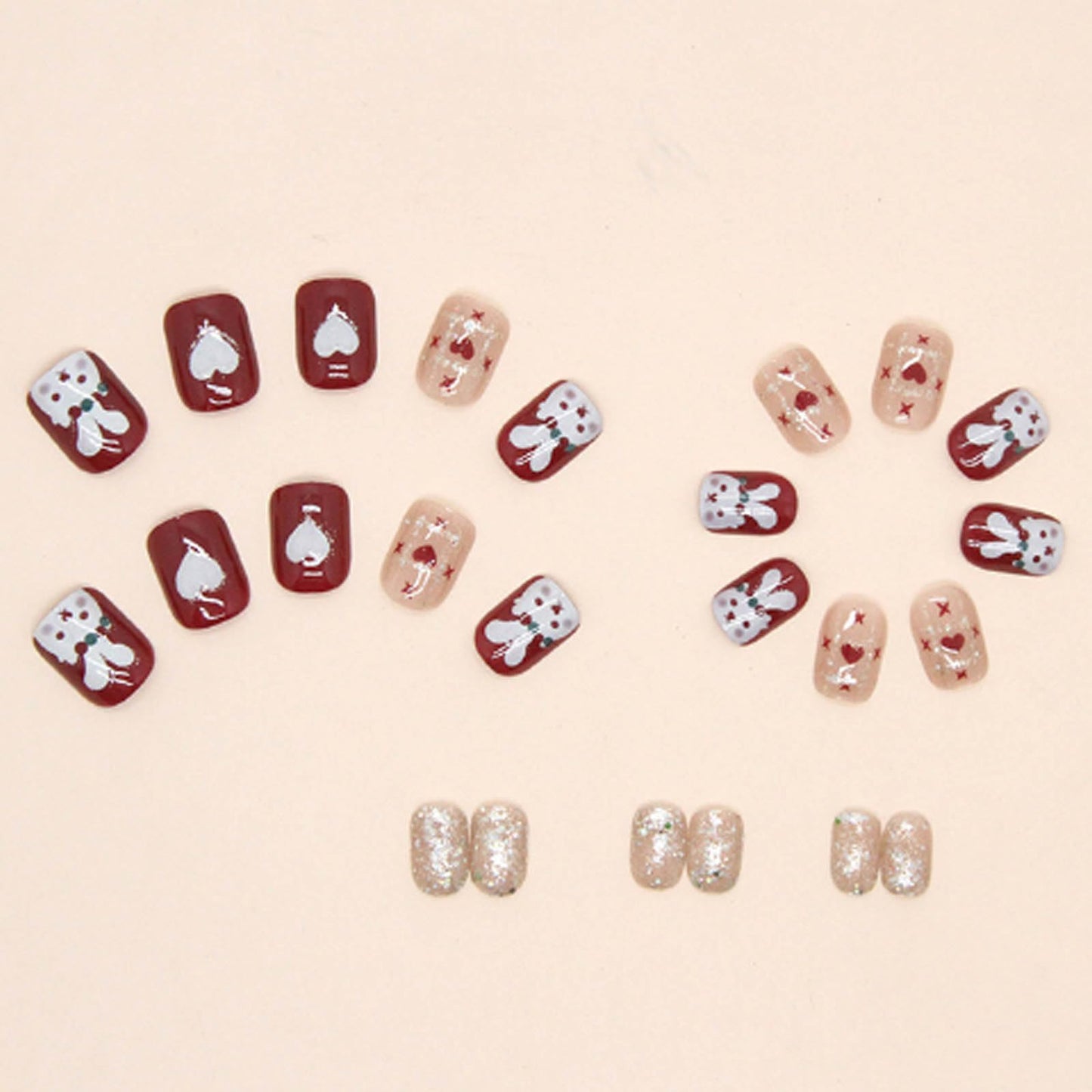 Hkanlre Square Rabbit Press on Nails Short Sequins Tips Full Cover Red False Nails Fake Nails for Women 24PCS