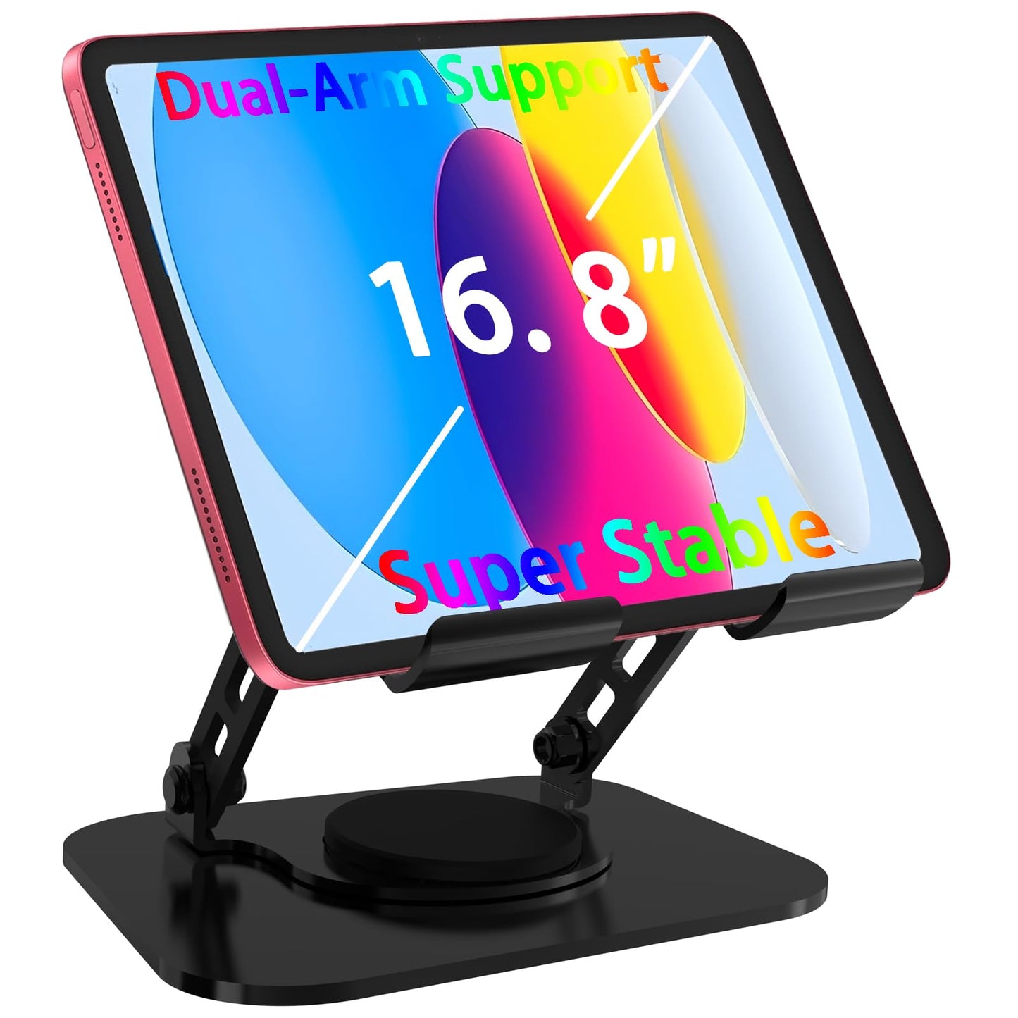 TAPMEI Tablet Stand, 360° Rotation Dual-Arm Support iPad Holder Office Desk Accessories, Foldable iPad Air Holder Travel Accessories for Desk Men Gifts Fits All 4-16" Tablet (Black)