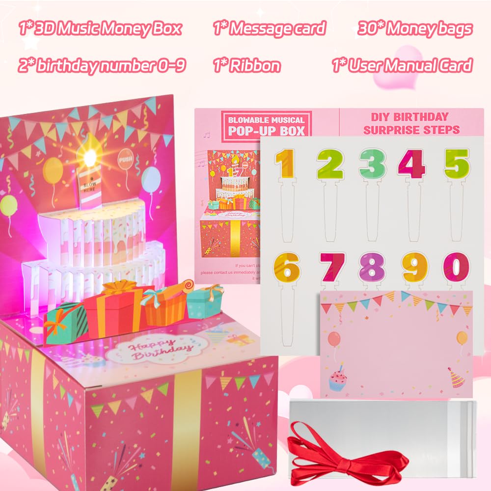 Surprise Musical Pop Up Birthday Card, Money Roll Pull Box, Cash Gift Box for Women, Girls