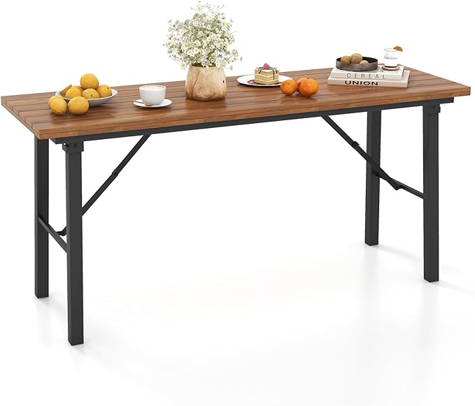 Tangkula 59" Narrow Outdoor Dining Table for 4-6, No Assembly Foldable Patio Dining Table with Acacia Wood Top & Heavy Duty Metal Frame, Portable Table for Yard, Garden, Poolside or Indoor (Natural)