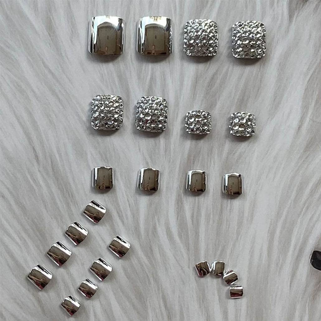 Foccna Press on Nails,Luxury Glitter Silver Fake toenails Acrylic Foot False Nails Rhinestone Design 24pcs