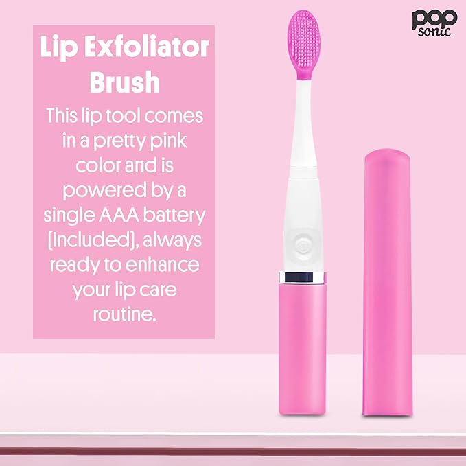 Lip Exfoliator w/AAA Battery (Pink) - Silicone Lip Brush for Dry, Chapped, & Chafing Lips - Soft Bristle Lip Brush Exfoliating Tool for Smooth, Luscious Lips - Lip Products for Women & Men