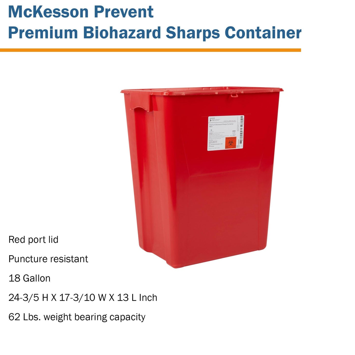McKesson Prevent Premium Biohazard Sharps Container - Vertical Entry, Rotating Lid - Red and White, 18 gal, 13 in x 17 3/10 in x 24 3/5 in, 7 Count