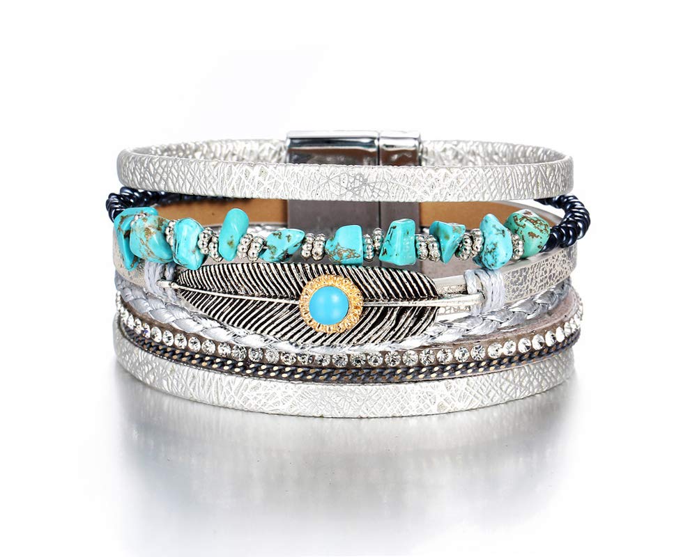 Fesciory Leopard Bracelet for Women, Boho Leather Wrap Multi-Layer Pearl Crystal Bracelet Bangle Jewelry(Turquoise Feather)