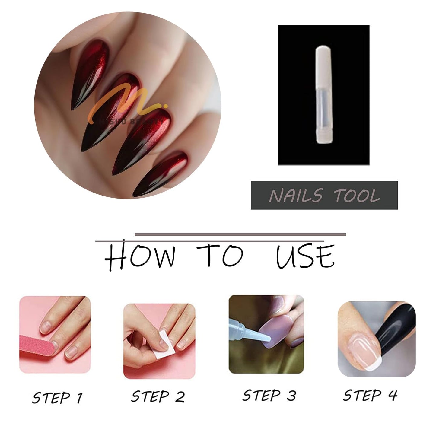 MISUD Press on Nails - Long Stiletto Fake Nails with Goth Red Black, Acrylic Gothic Vampire Design 24 pcs