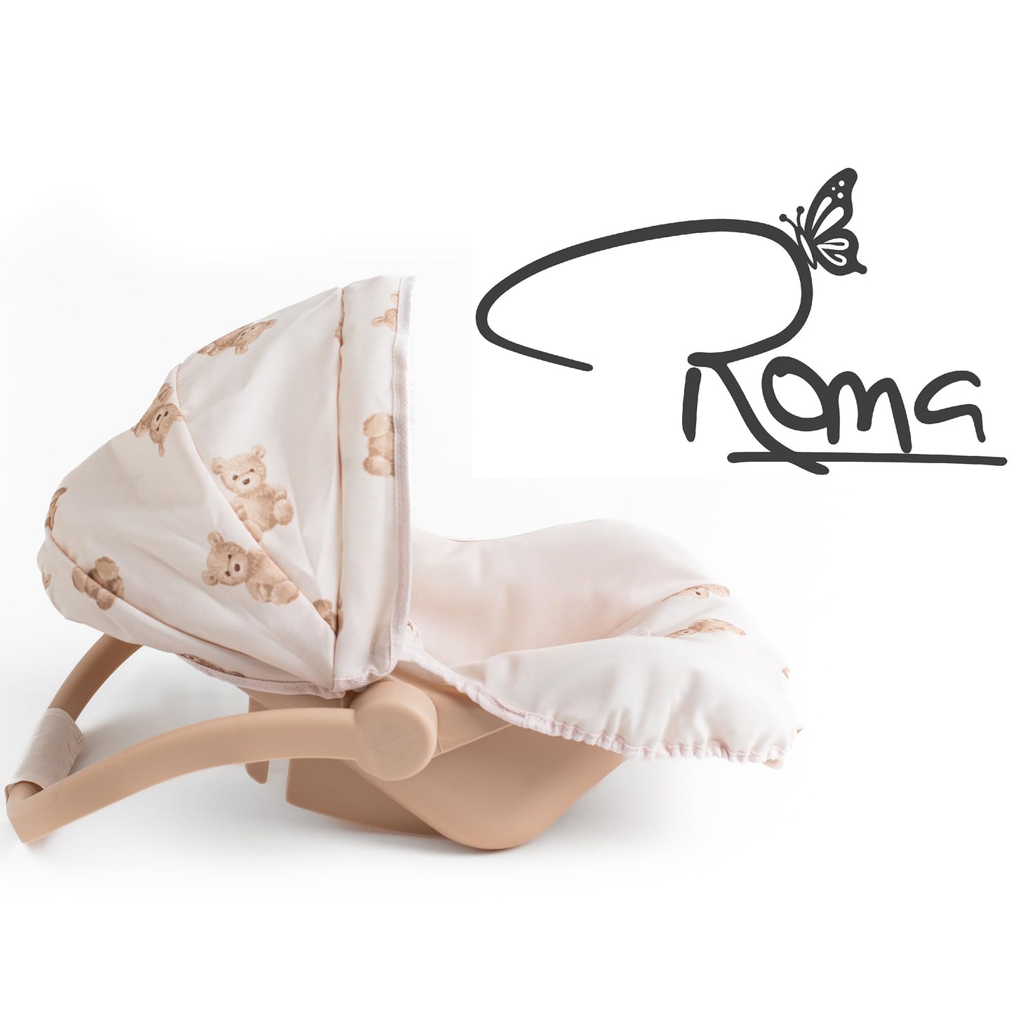Roma Prams: Teddy Doll Car Seat - Beige-Cream-Bear, Carrier Travel Accessory, Adjustable Canopy & Handle, Roleplay Toy for Dolls Up to 16.5", Kids 3+
