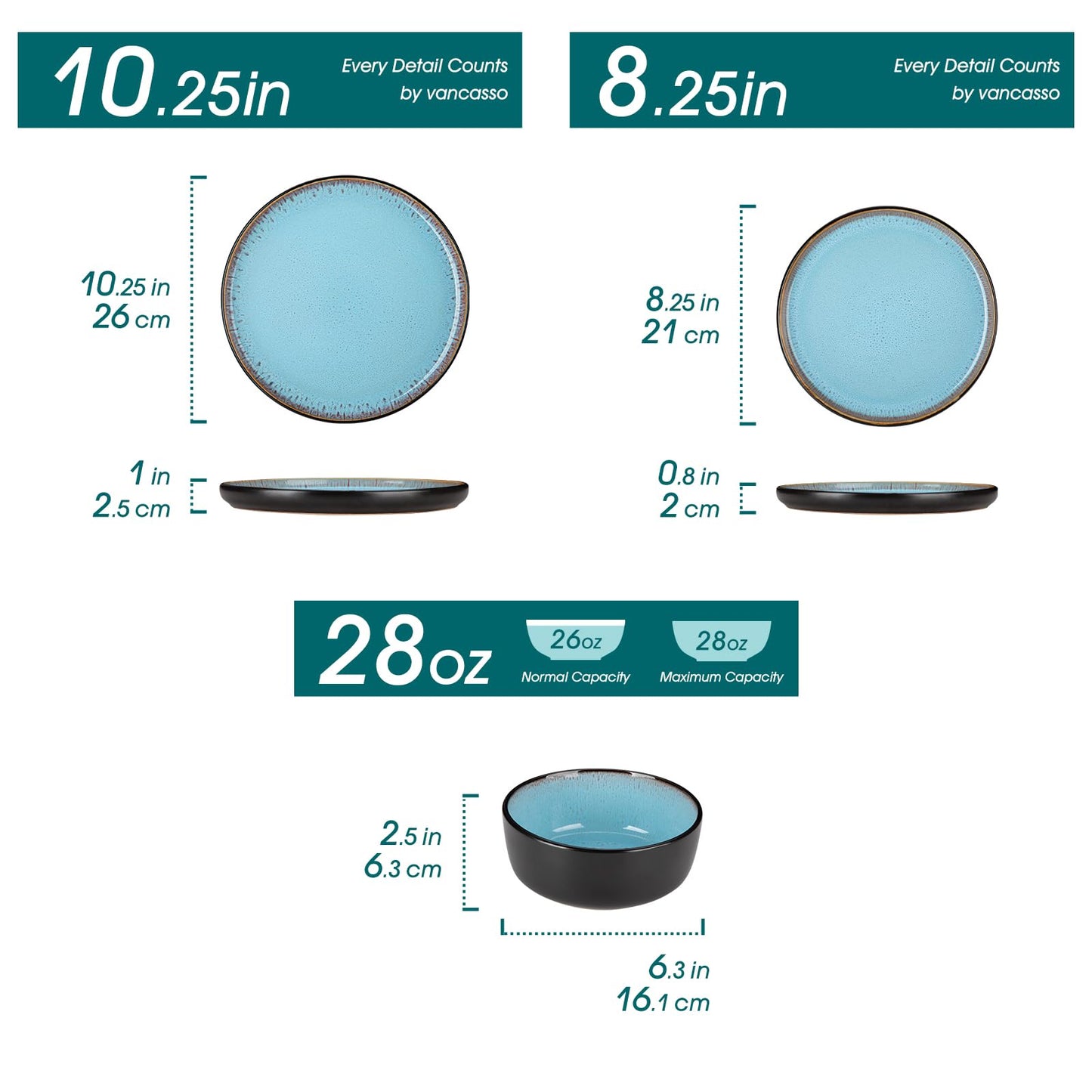 vancasso Plates and Bowls Sets, 24 Pieces Stoneware Dinnerware Sets for 8, Kitchen Dish Set Mircowave and Dishwasher Safe Ceramic Dishware, Blue, Series AMBER