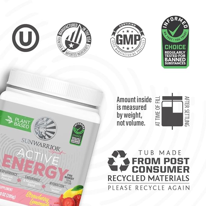 Sunwarrior Plant-Based Preworkout Powder Hydration Blend | Soy Free Sugar Free Gluten Free Dairy Free Synthetic Free | Strawberry Lemonade 30 Servings | Sport Active Energy