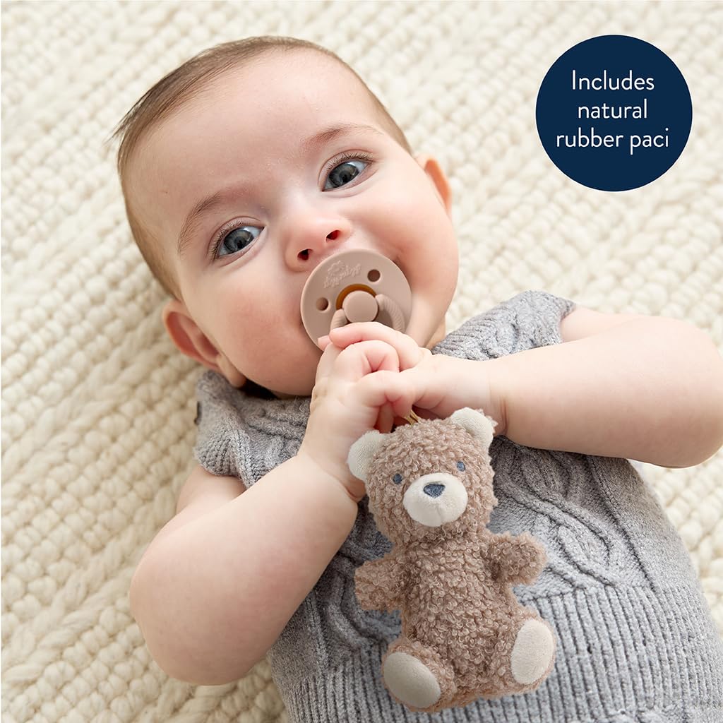 Itzy Ritzy Pacifier & Lovey Set – Natural Rubber Paci with Stuffed Animal Lovey – Detachable Plush Bear Pacifier Holder & Coordinating Natural Rubber Soother, Ideal for Ages 0-6 Months (Bear)