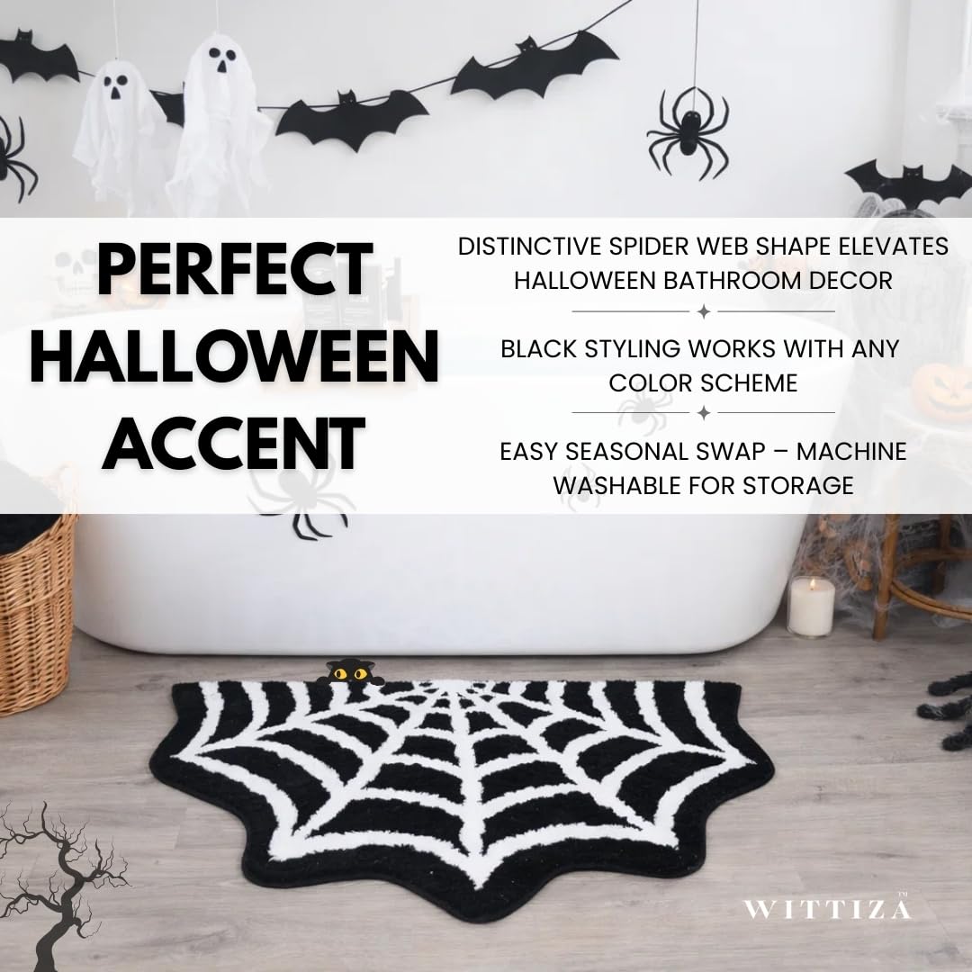WITTIZA Spider Web Bath Mat - Black & White Gothic Bathroom Rug, Non-Slip Quick Dry Microfiber, Soft Plush for Halloween Decor & Goth Home, Machine Washable, 32" x 20"