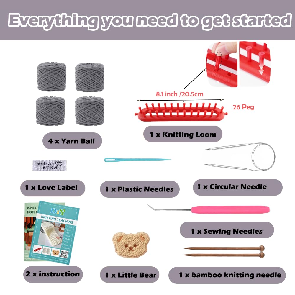 Novelchet Knitting Loom Kit for Scarf, Easy Knitting Set Including Knitting Needles Set Plush Yarn, Learn to Knit kit with Instructions