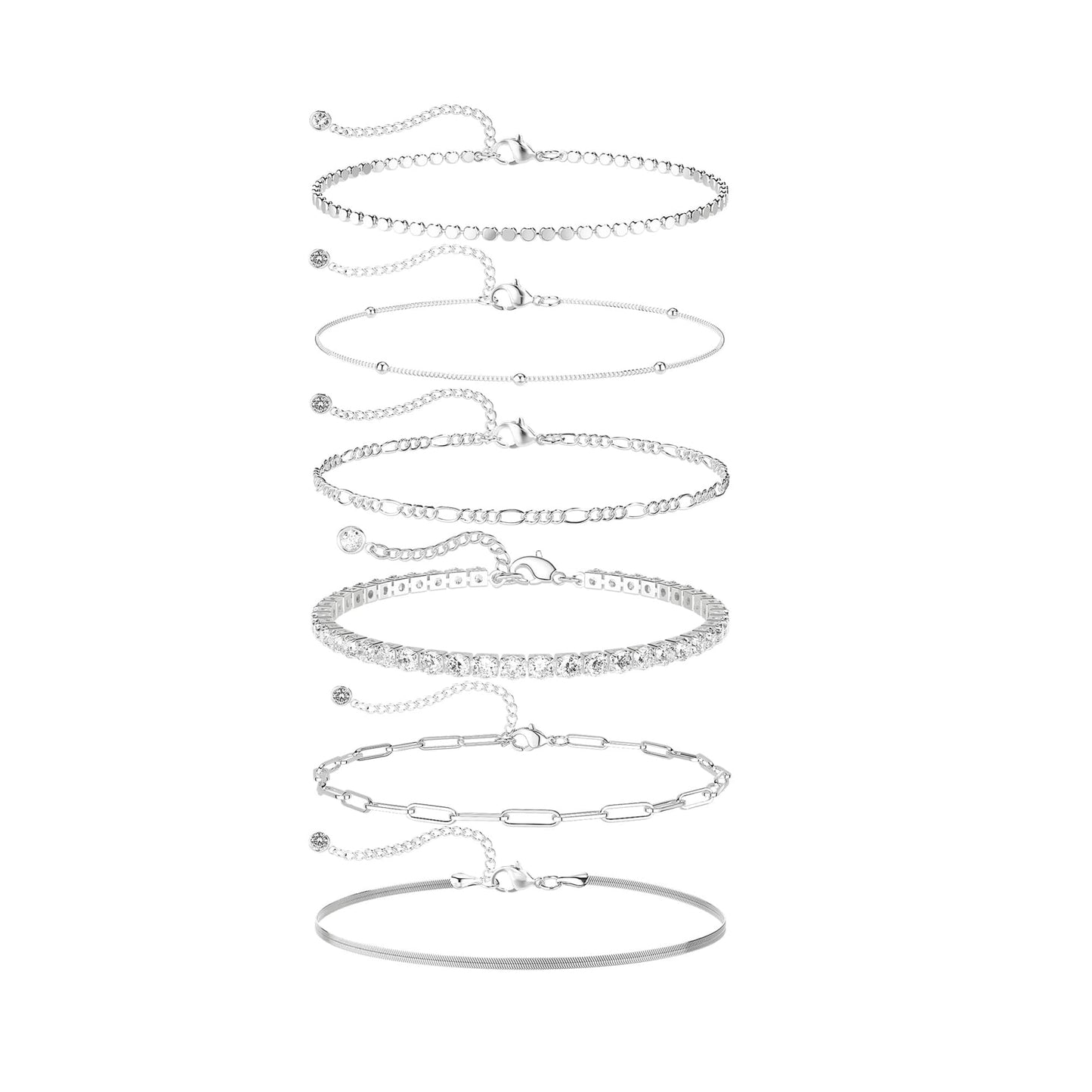 DEARMAY Silver Plated Bracelets for Women Trendy, Dainty Silver Plated Jewelry Set Waterproof Fashion Stackable Tennis Figaro Herringbone Paperclip Chain Bracelet Pack Stack Gifts for Womens