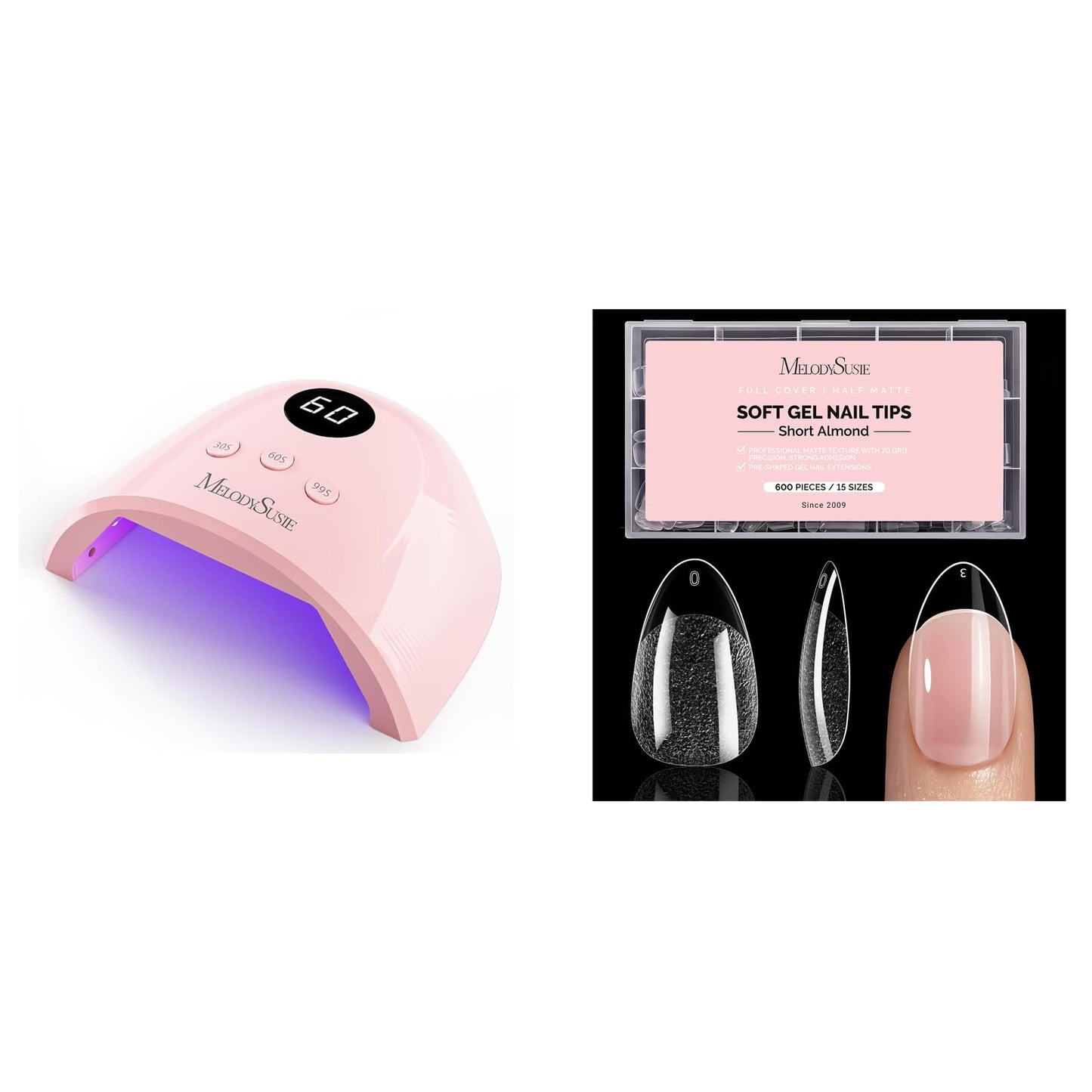 MelodySusie UV Nail Lamp, Plus30F UV Light for Gel Nails LED Nail Dryer with 3 Timer Short Almond Nail Tips - 600Pcs Clear Acrylic